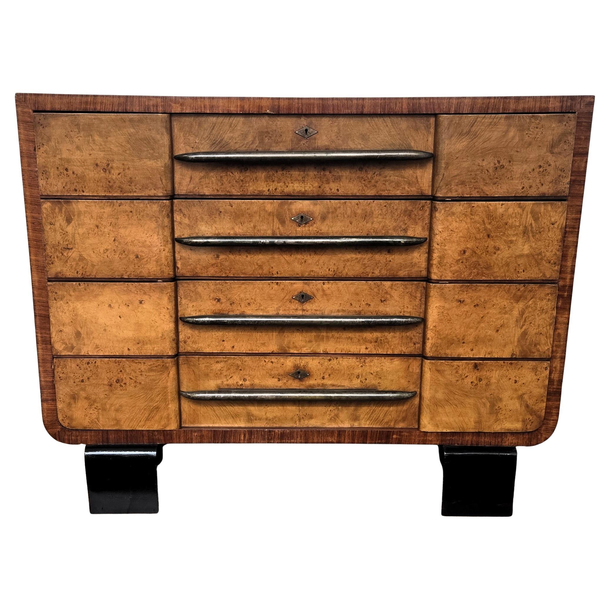 1940s Italian Art Deco Burl Wood Bronze Chest of Drawers Credenza Sideboard For Sale