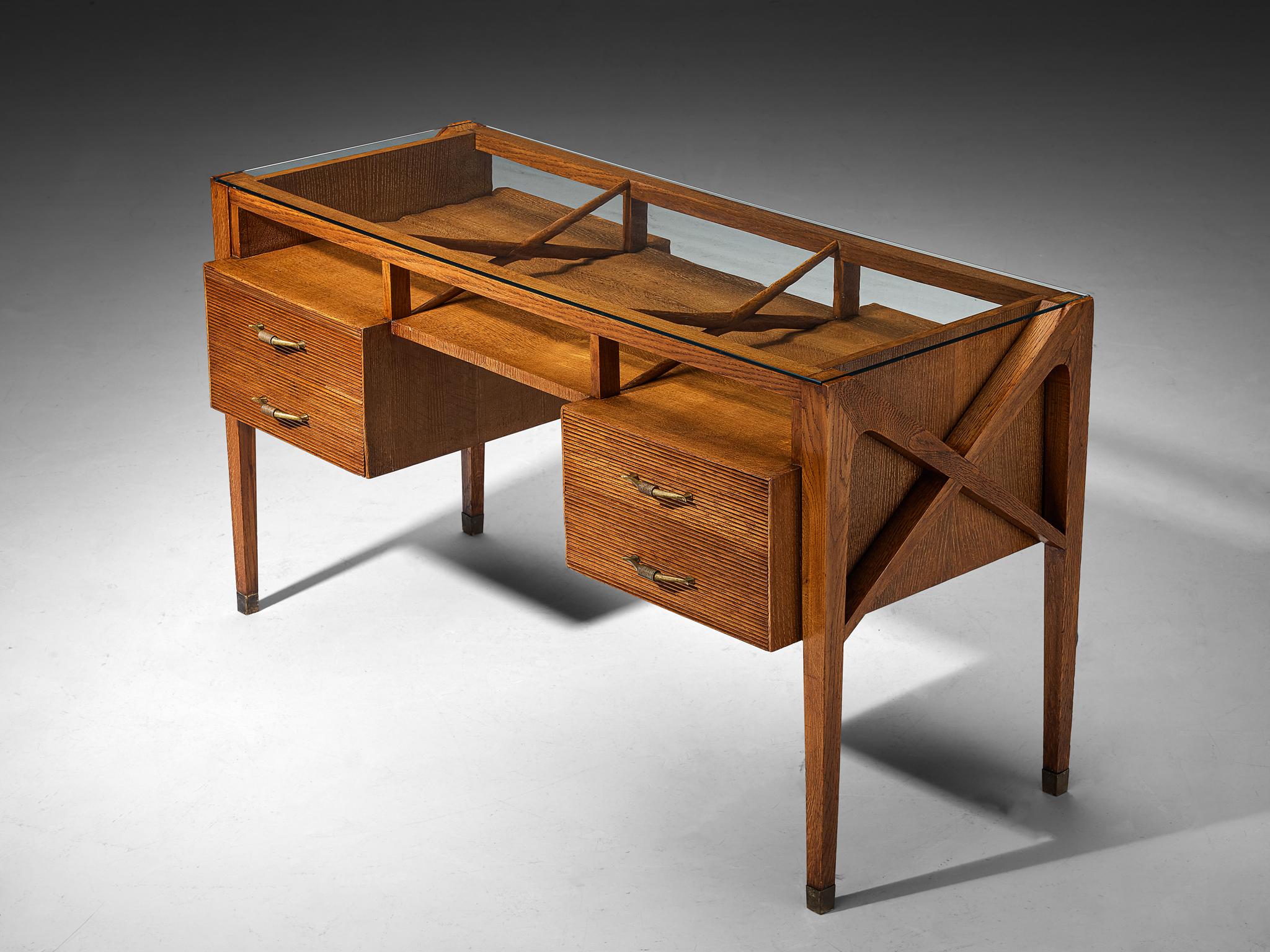 Mid-20th Century 1940s Italian Art Deco Desk with Grissinato Carvings in Oak Brass Glass For Sale