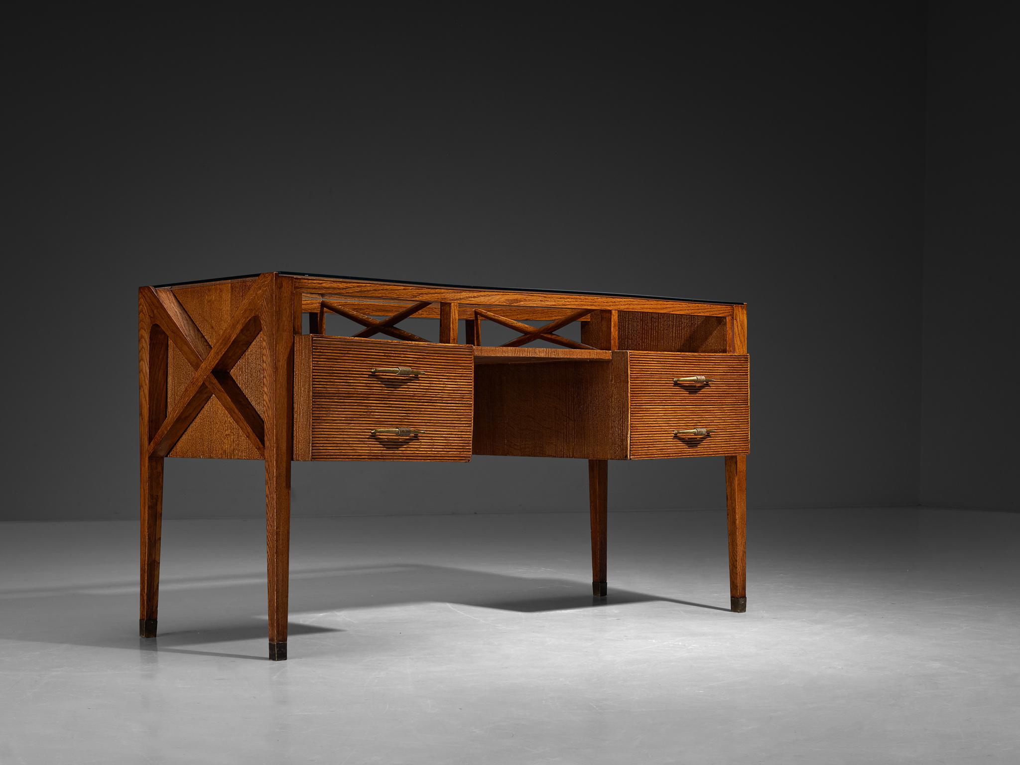 1940s Italian Art Deco Desk with Grissinato Carvings in Oak Brass Glass For Sale 4