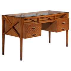 Bureau Art déco italien des années 1940 avec sculptures de Grissinato en verre de chêne et laiton