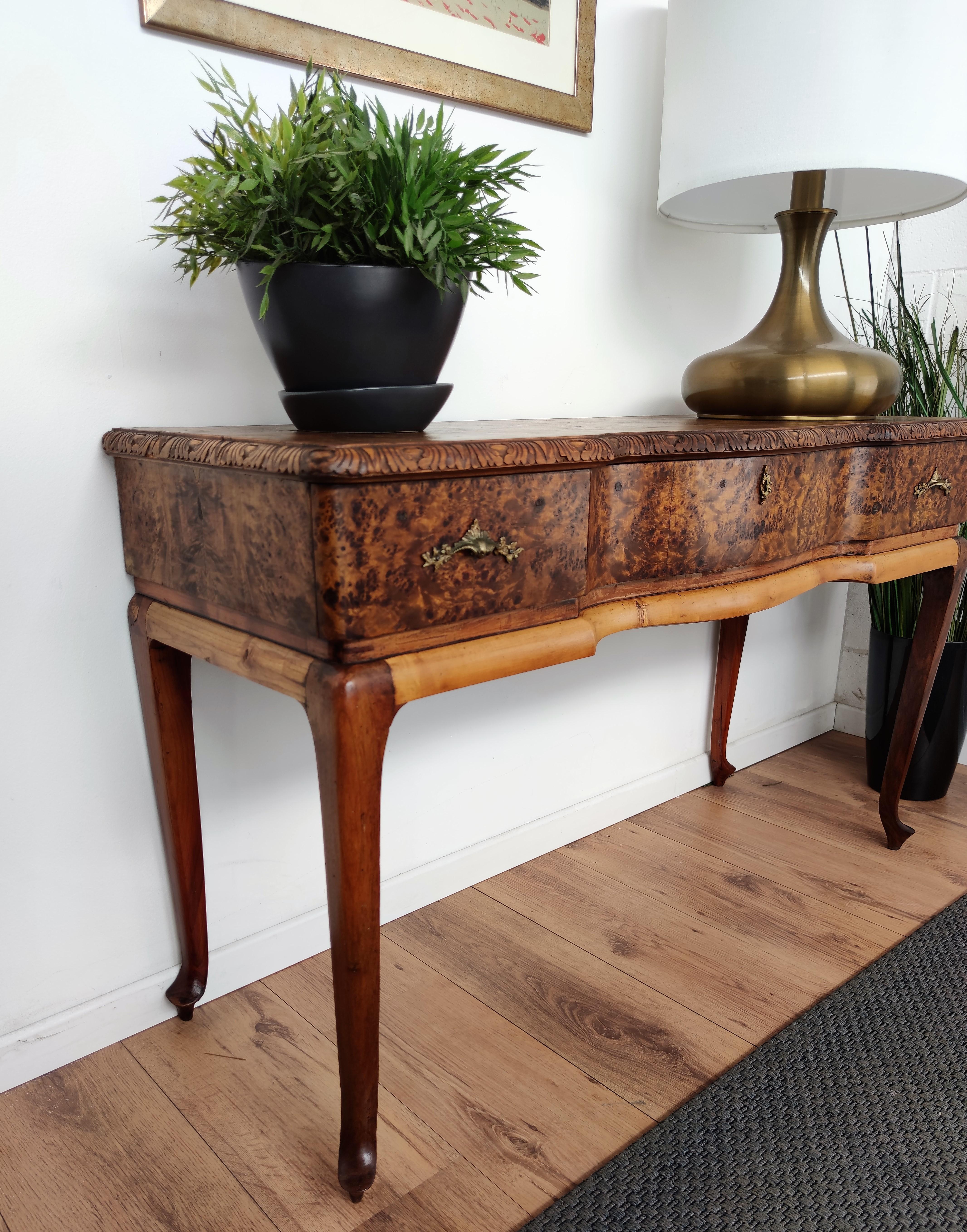 20th Century 1940s Italian Art Deco Mid-Century Burl Walnut Wood Desk Vanity Console Table