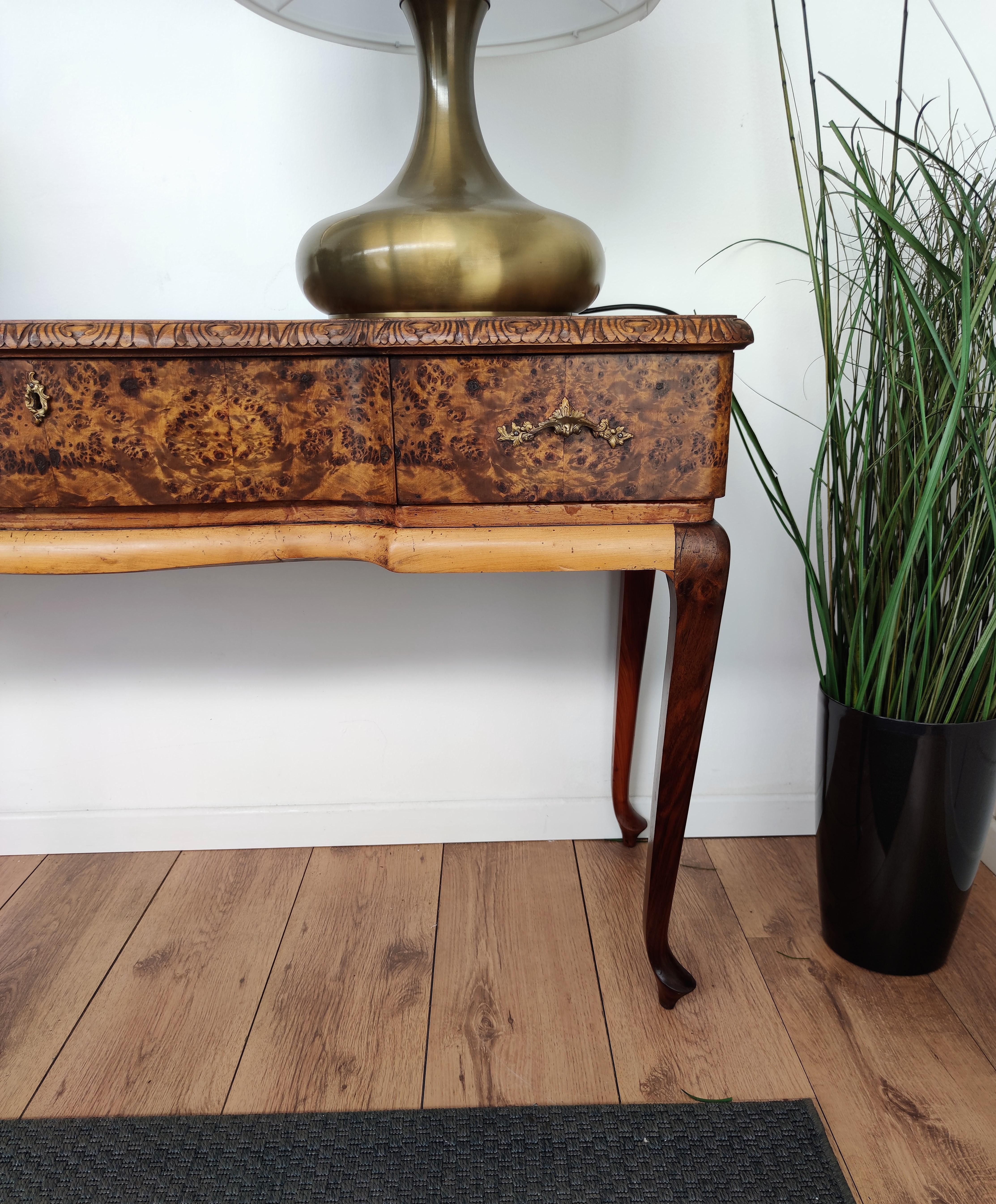 Brass 1940s Italian Art Deco Mid-Century Burl Walnut Wood Desk Vanity Console Table