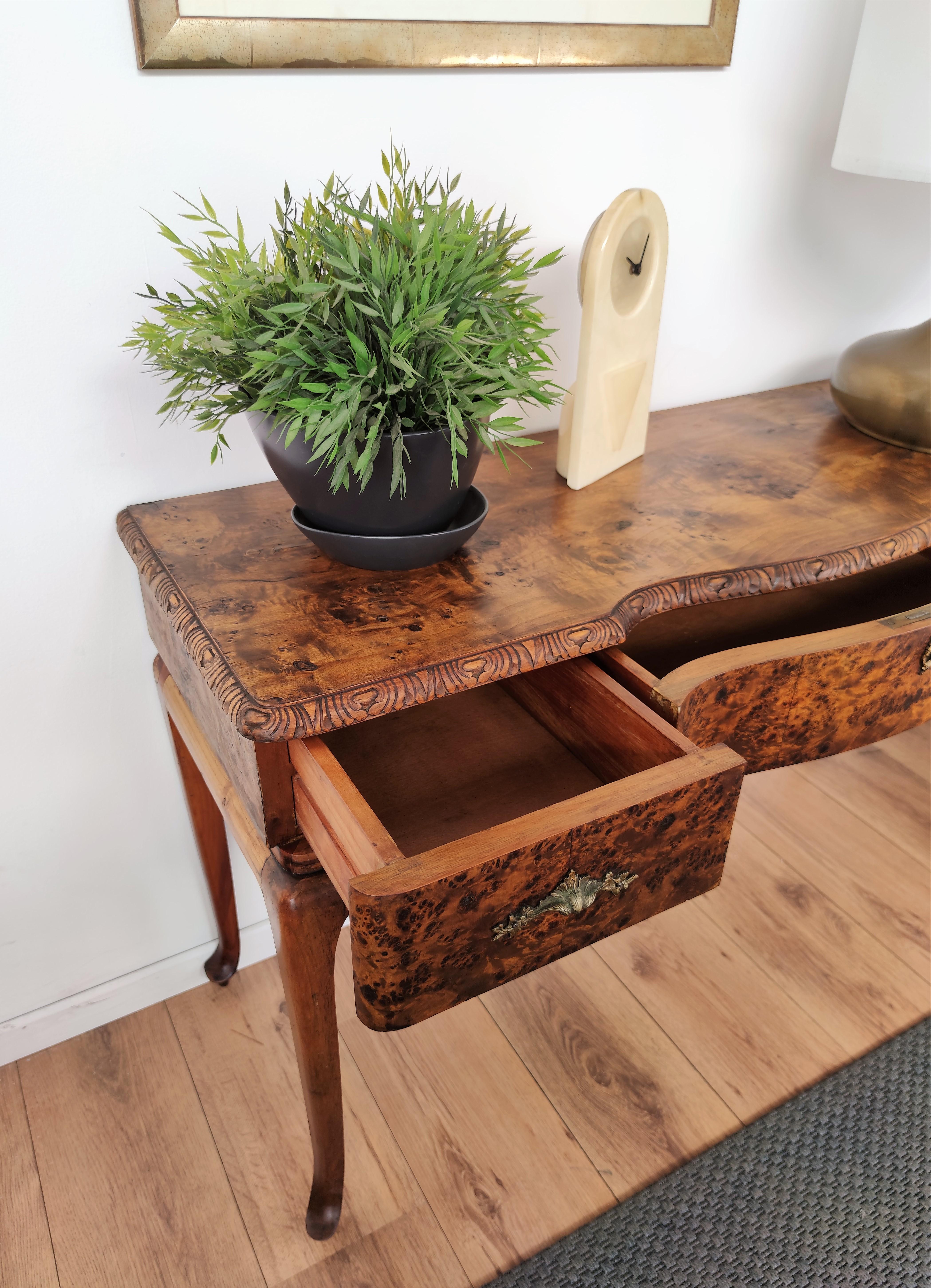 1940s Italian Art Deco Mid-Century Burl Walnut Wood Desk Vanity Console Table 1