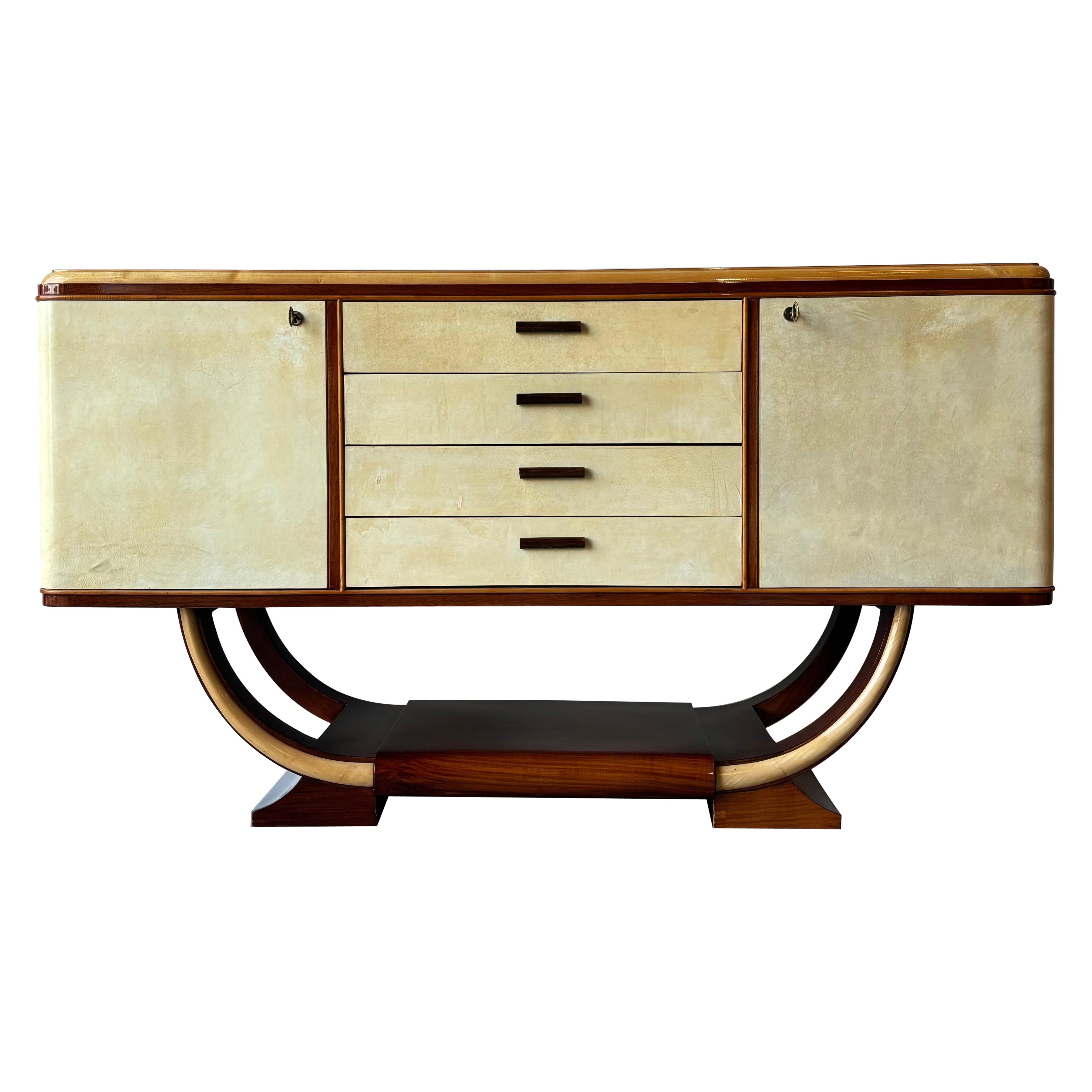 1940s Italian Art Deco Parchment and Mahogany Sideboard