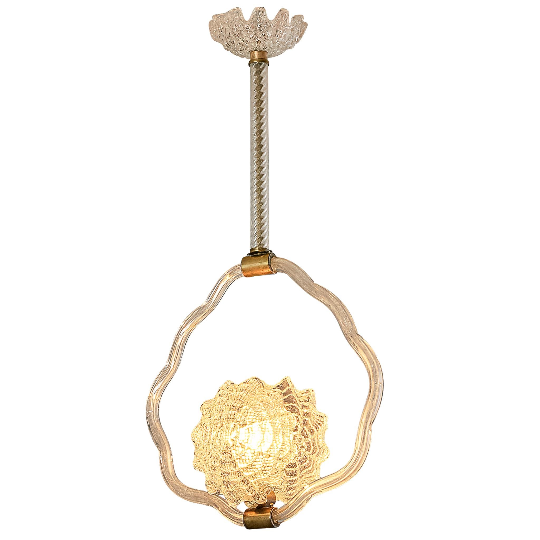 1940s Italian Art Deco Pendant Lamp with Sun Motif Centre in Glass and Brass