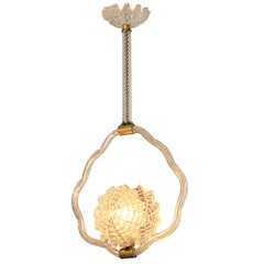 1940s Italian Art Deco Pendant Lamp with Sun Motif Centre in Glass and Brass