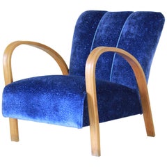 1940s Vintage Velvet and Wood Armchair in Art Deco Style with Blue Cover