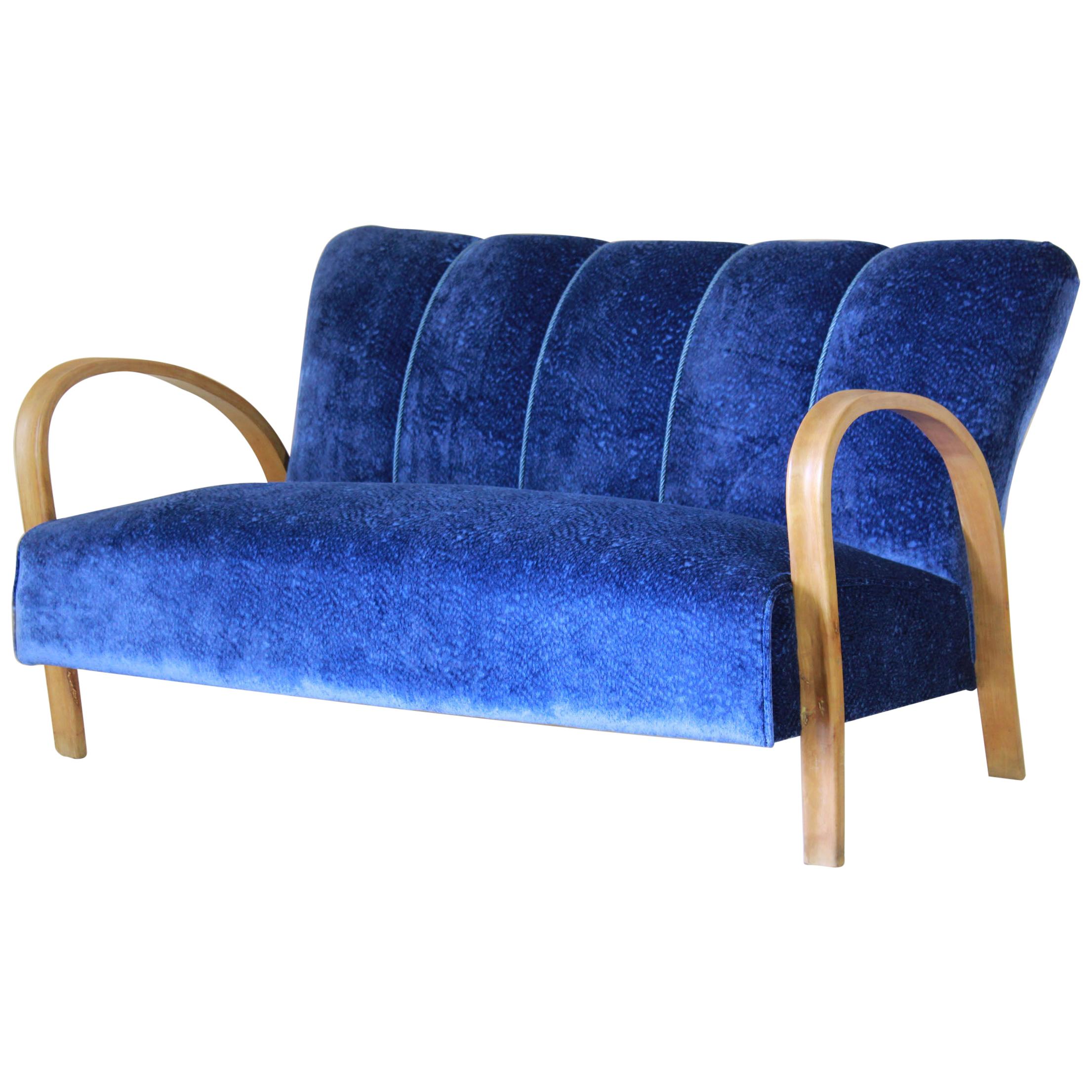 1940s vintage sofa in art deco style with velvet blue cover