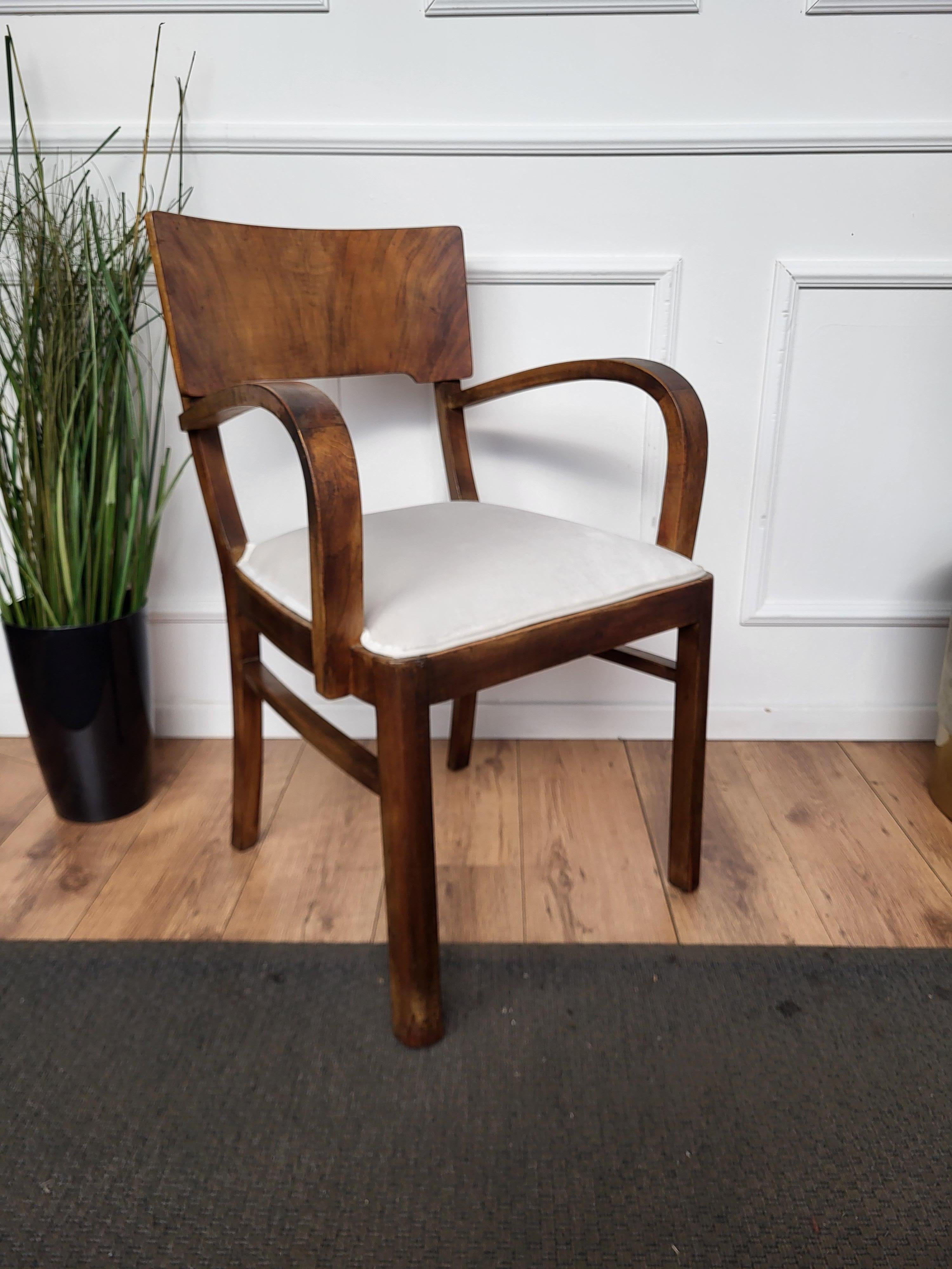 1940s Italian Art Deco Walnut Newly Upholstered Open Armchair Office Desk Chair For Sale 3