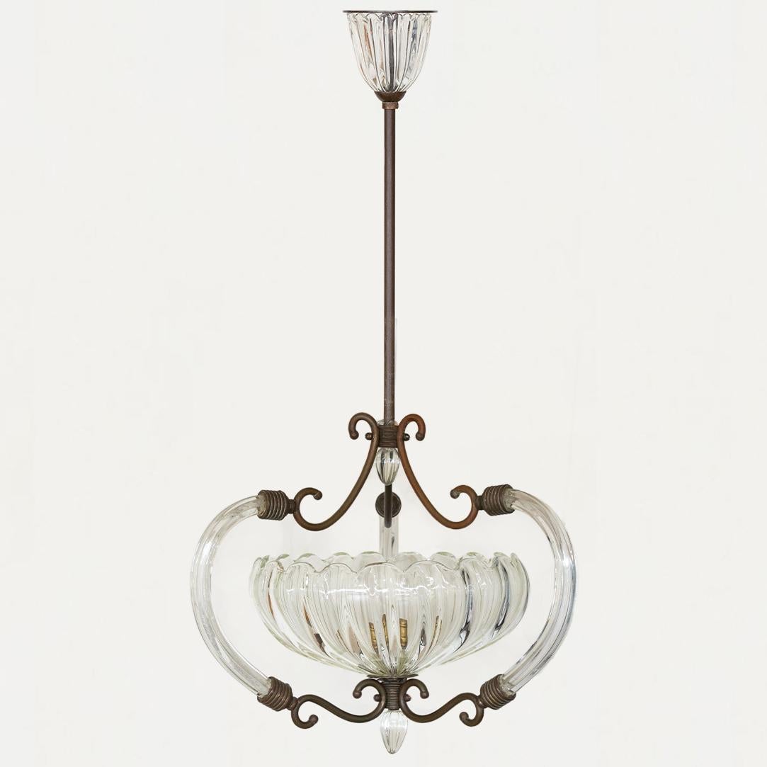 Stunning 1940's Barovier glass chandelier with large blown glass scalloped bowl with single socket and three curved twisted glass supports. Original ornate brass frame with nice patina. Brass stem has decorative glass dome at canopy. Newly re-wired.