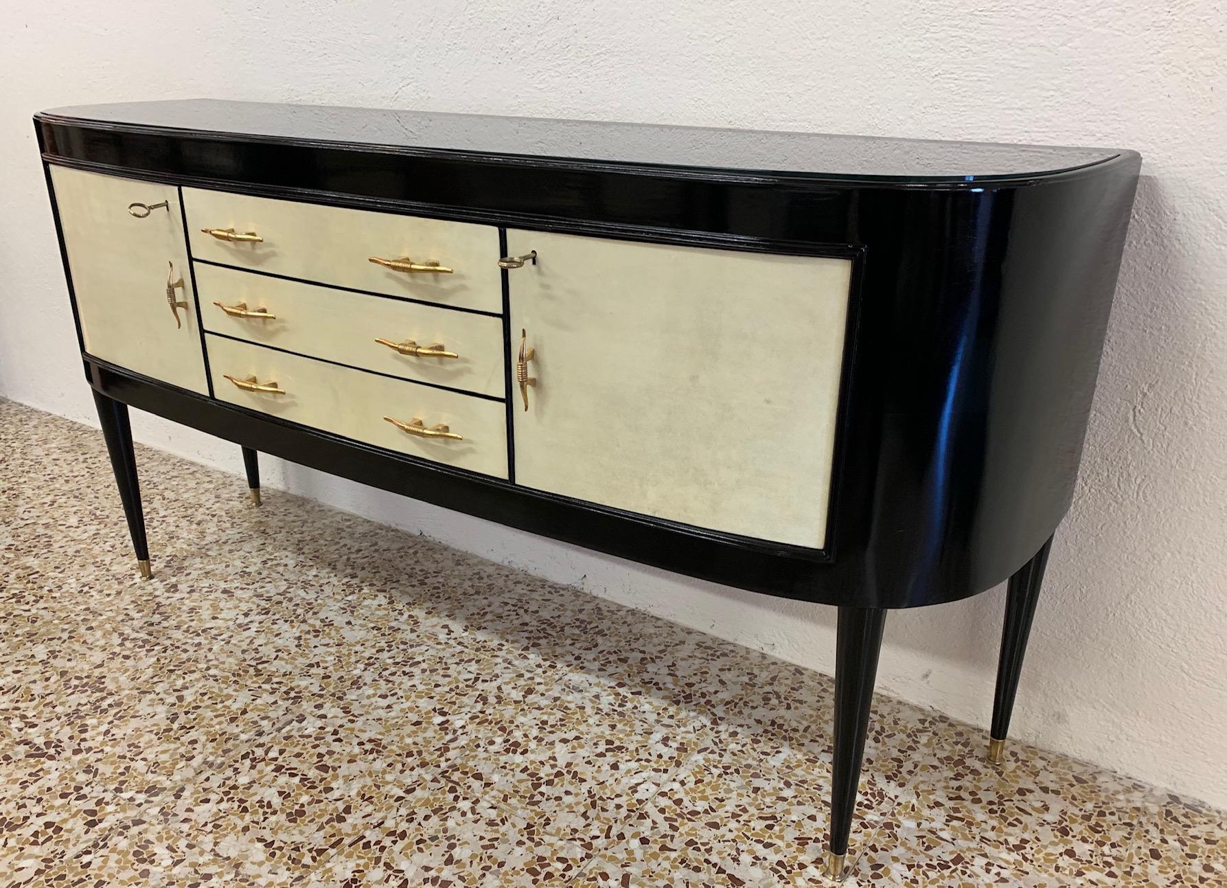 Brass 1940s Italian Black and Parchment Sideboard