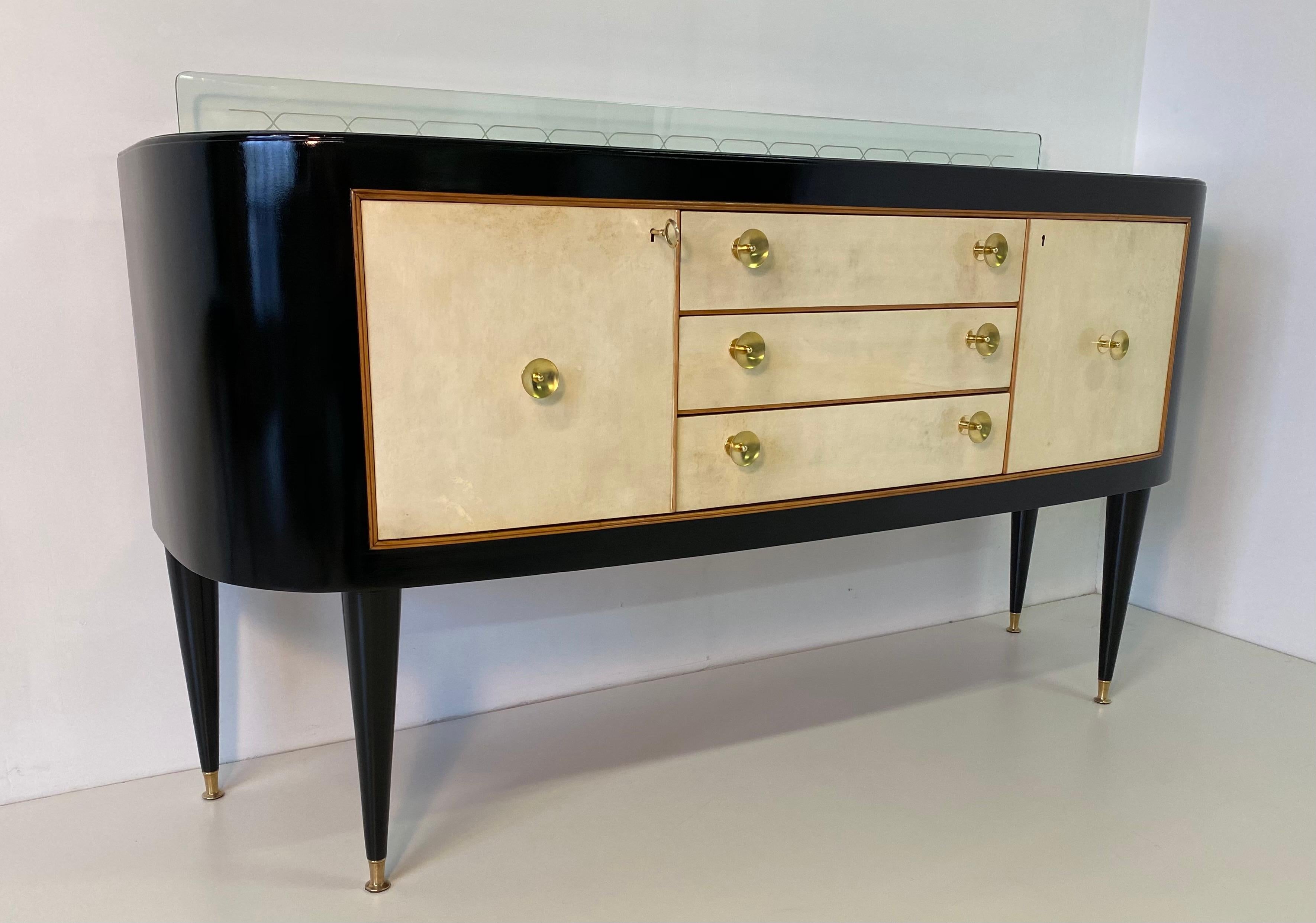 Art Deco 1940s Italian Black , Maple and Parchment Sideboard 