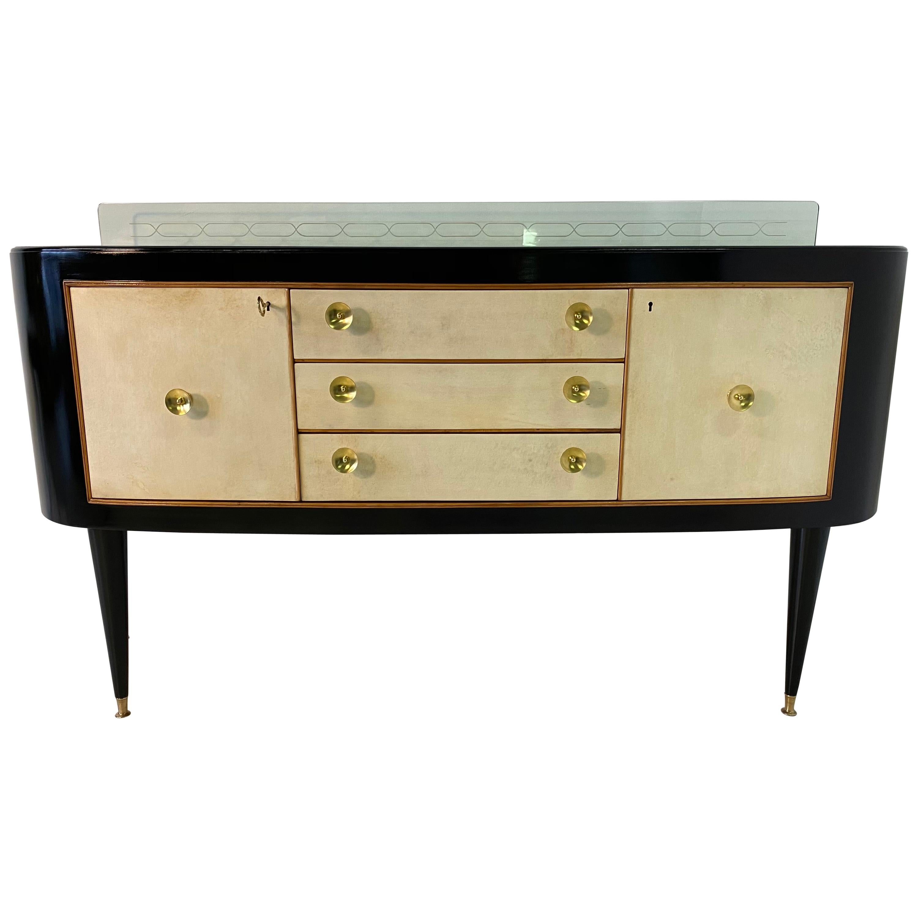 1940s Italian Black , Maple and Parchment Sideboard 