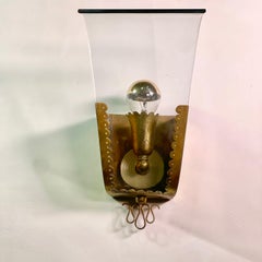 1940's Italian Brass and Curved Glass Sconce