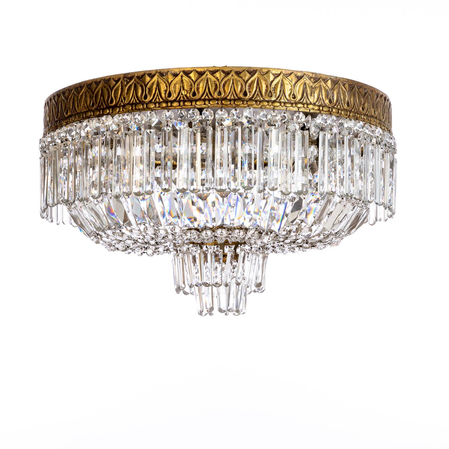 1940's Italian Brass & Crystal Glass Flush Mount In Good Condition For Sale In Amsterdam, NH