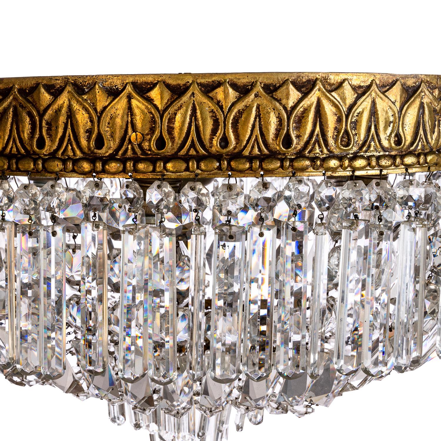20th Century 1940's Italian Brass & Crystal Glass Flush Mount For Sale