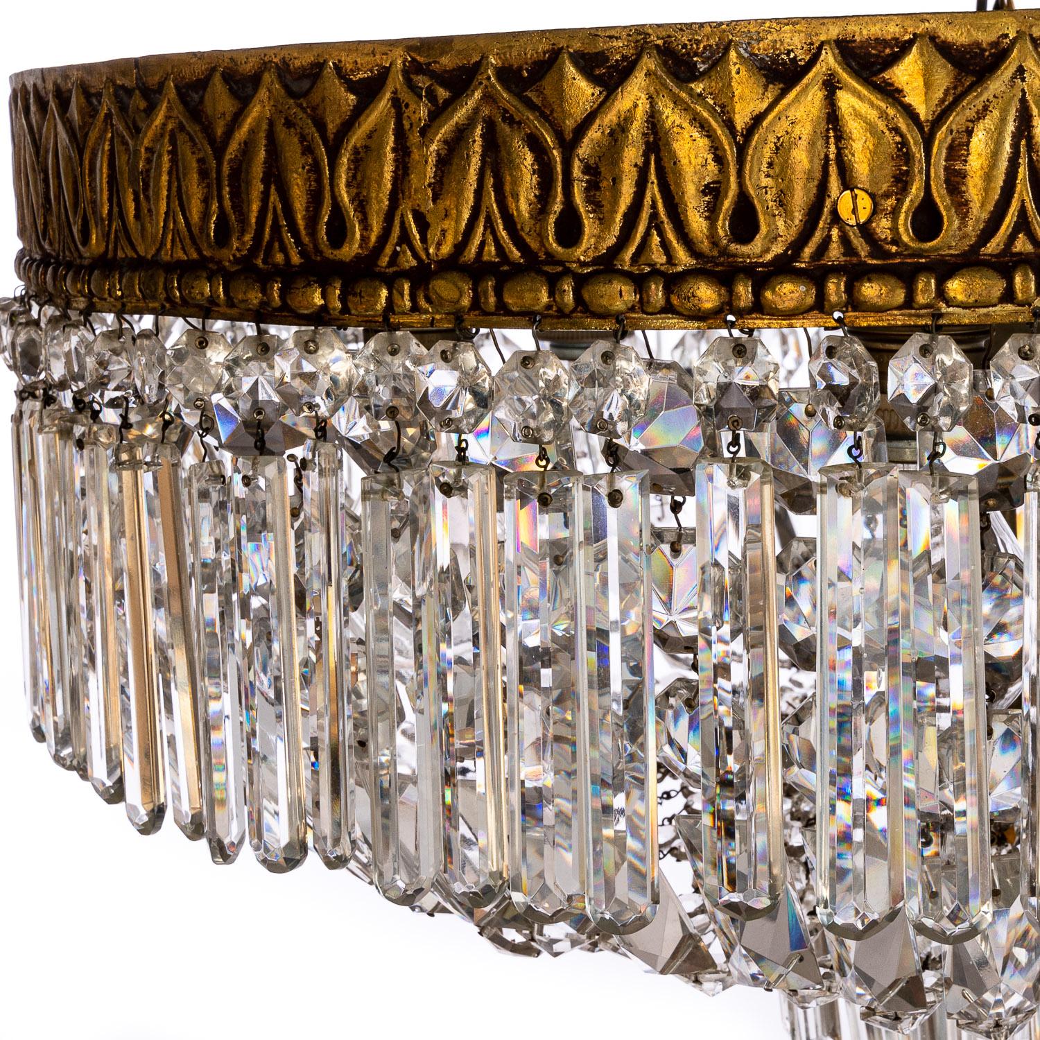1940's Italian Brass & Crystal Glass Flush Mount For Sale 2