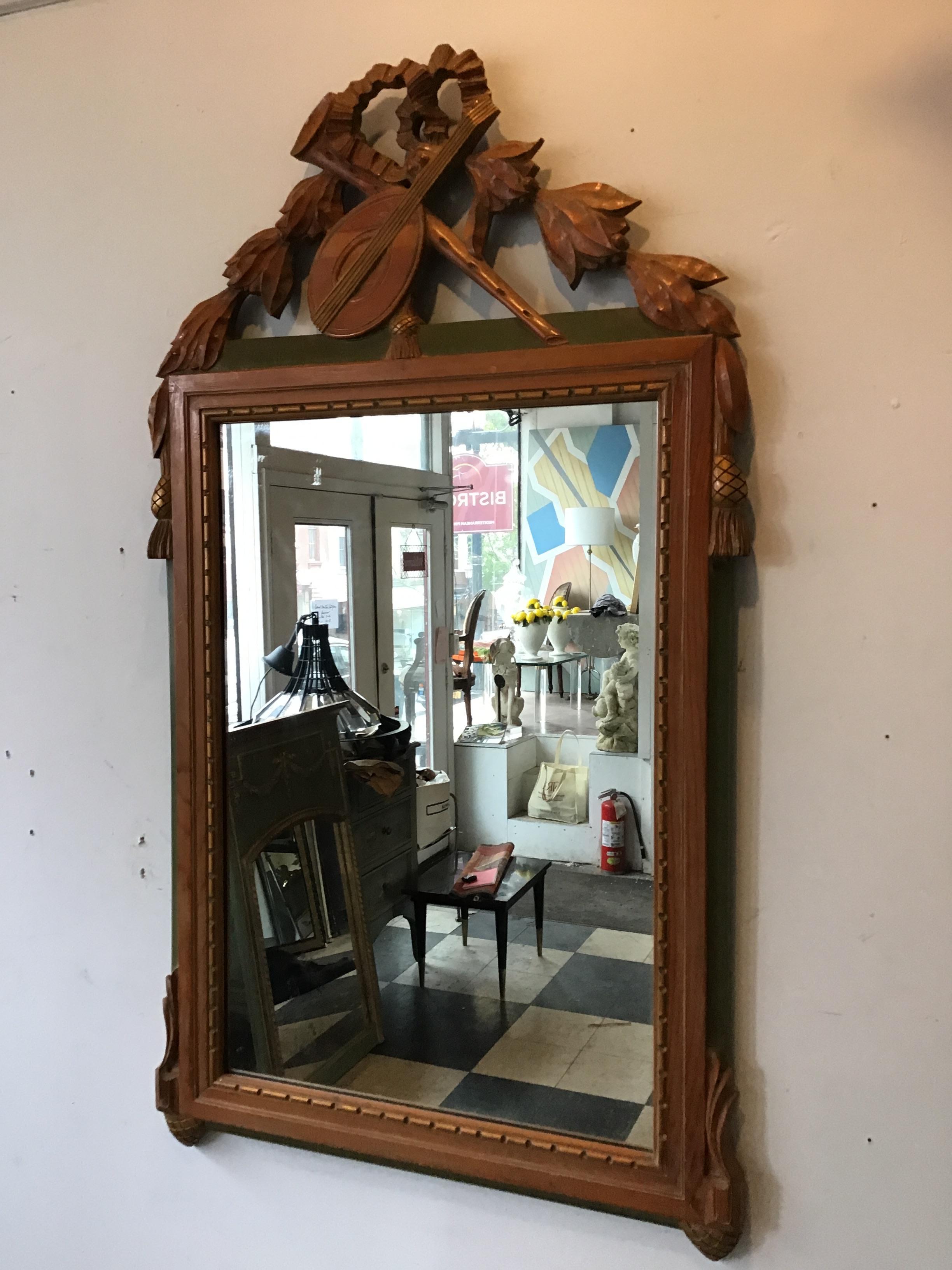 1940s Italian carved wood mandolin & horn mirror.