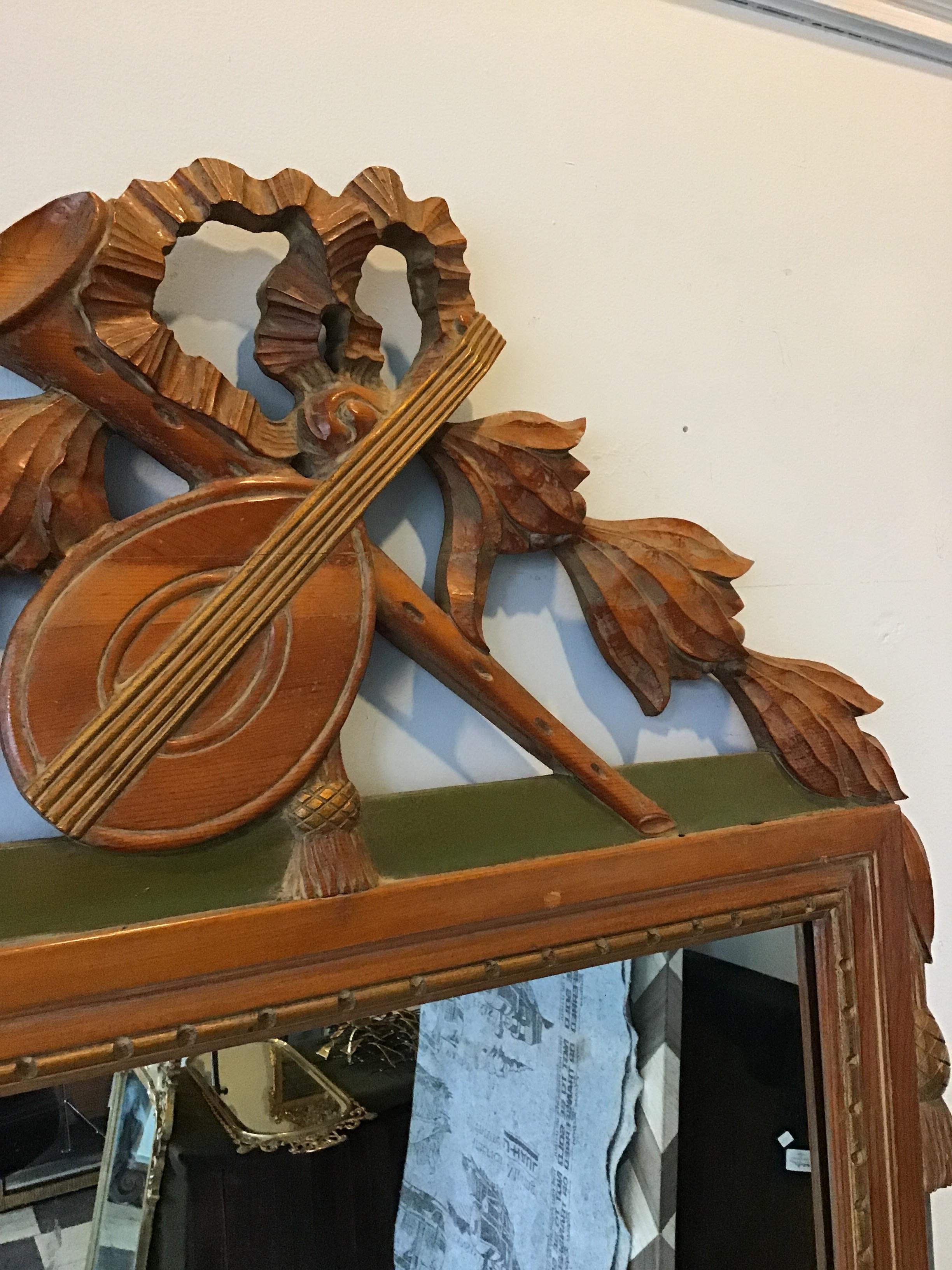 Mid-20th Century 1940s Italian Carved Wood Mandolin & Horn Mirror For Sale