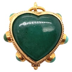 Vintage 1940s Italian Chalcedony and Turquoise Puffy Heart Charm in 18 Karat Gold