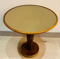 1940s Italian Circular Stained Walnut, Bronzed Glass & Brass Side End Table