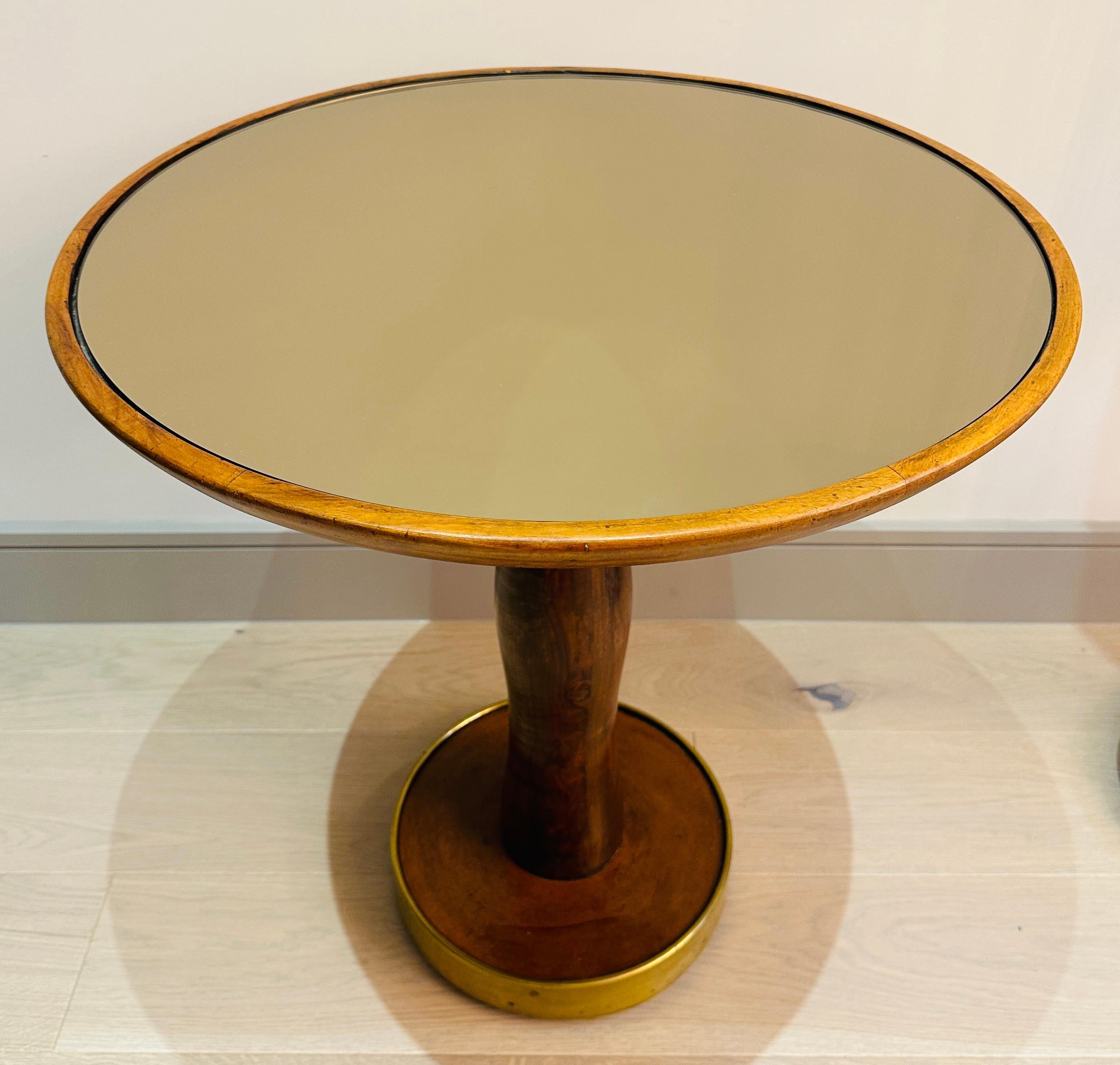 Art Deco 1940s Italian Circular Stained Walnut, Bronzed Glass & Brass Side End Table