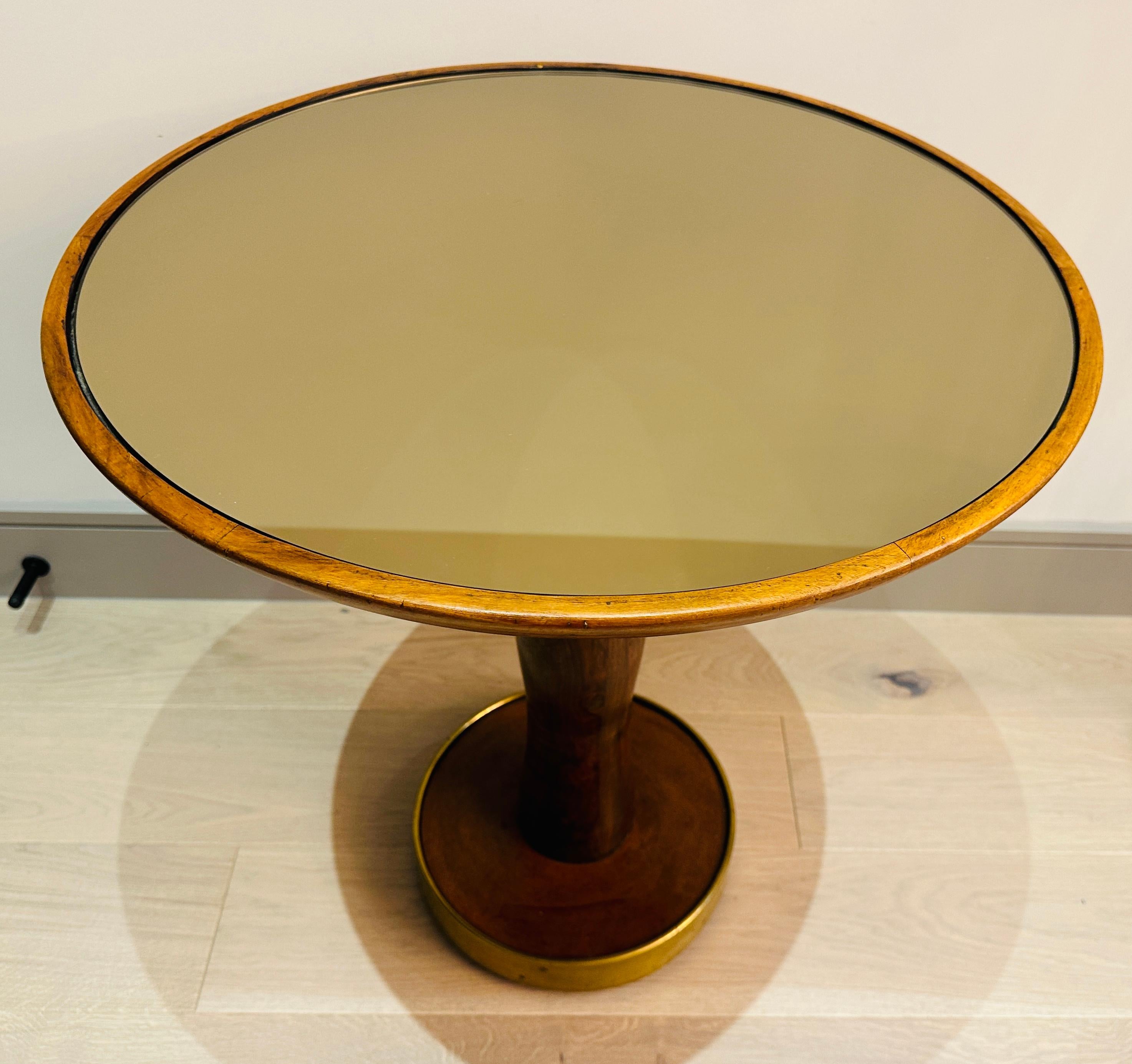 1940s Italian Circular Stained Walnut, Bronzed Glass & Brass Side End Table In Good Condition In London, GB