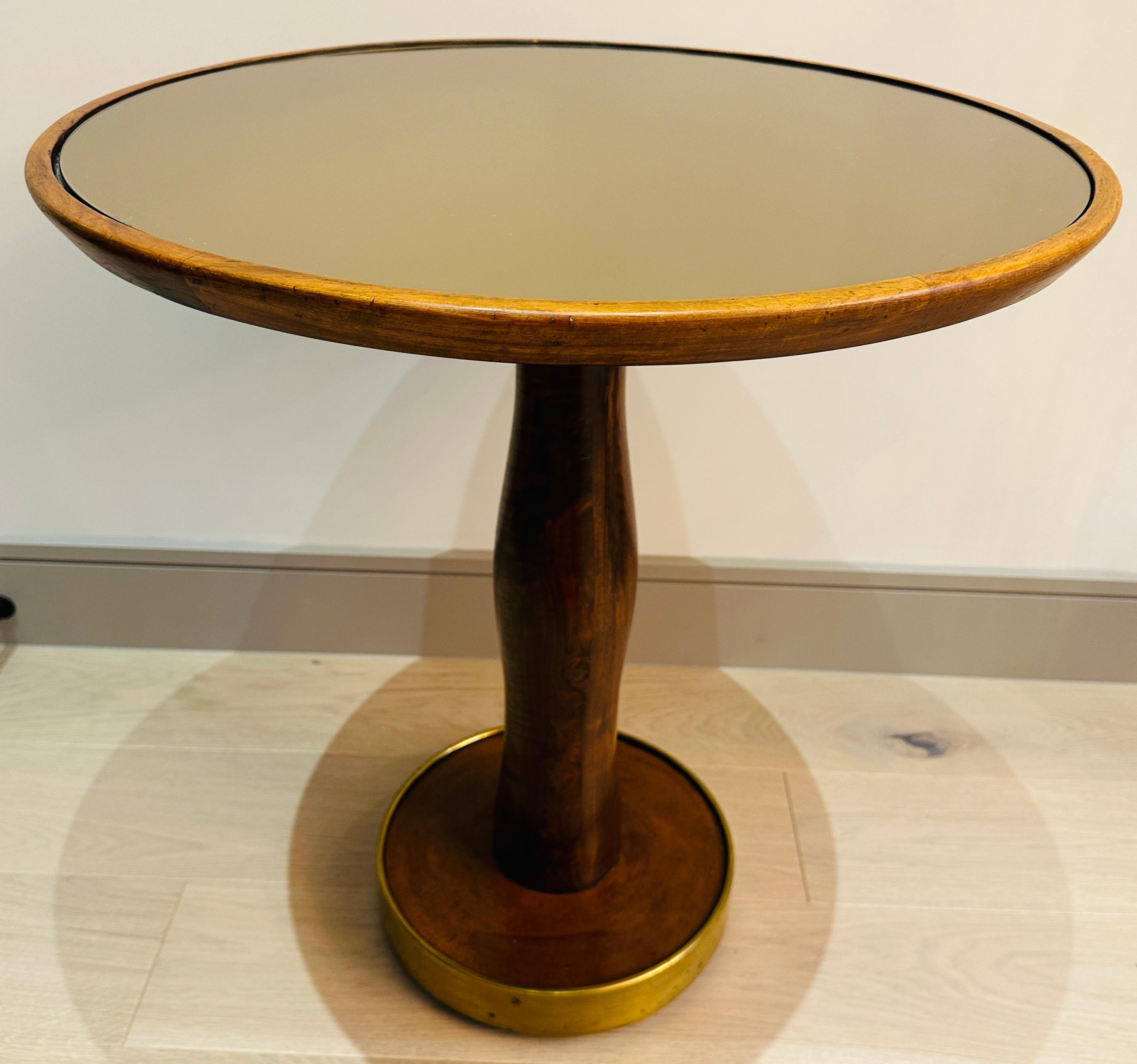 Mid-20th Century 1940s Italian Circular Stained Walnut, Bronzed Glass & Brass Side End Table