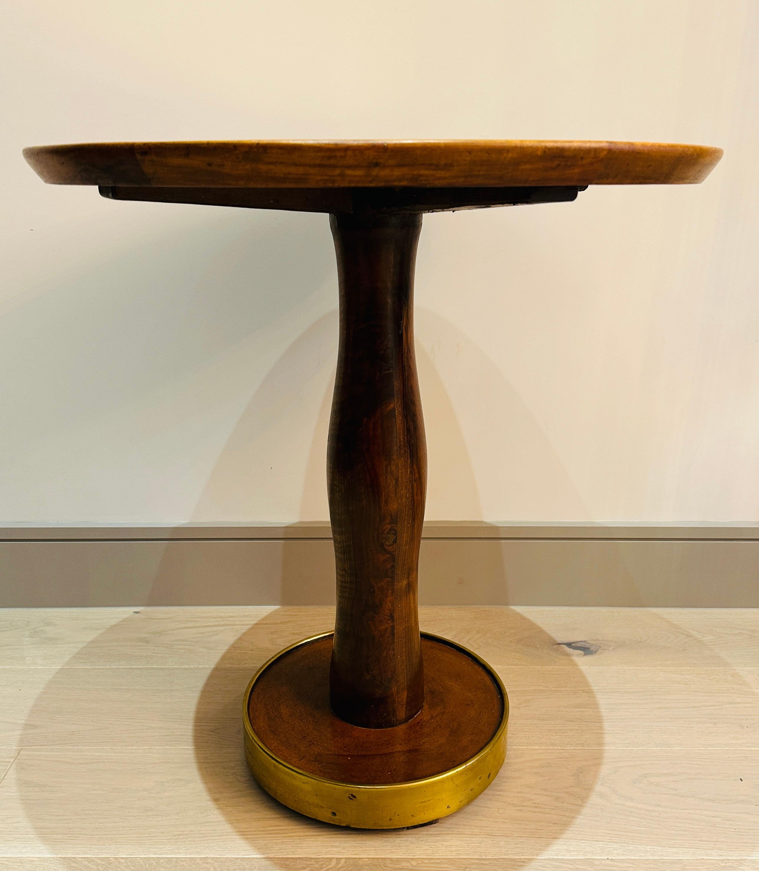 1940s Italian Circular Stained Walnut, Bronzed Glass & Brass Side End Table 1