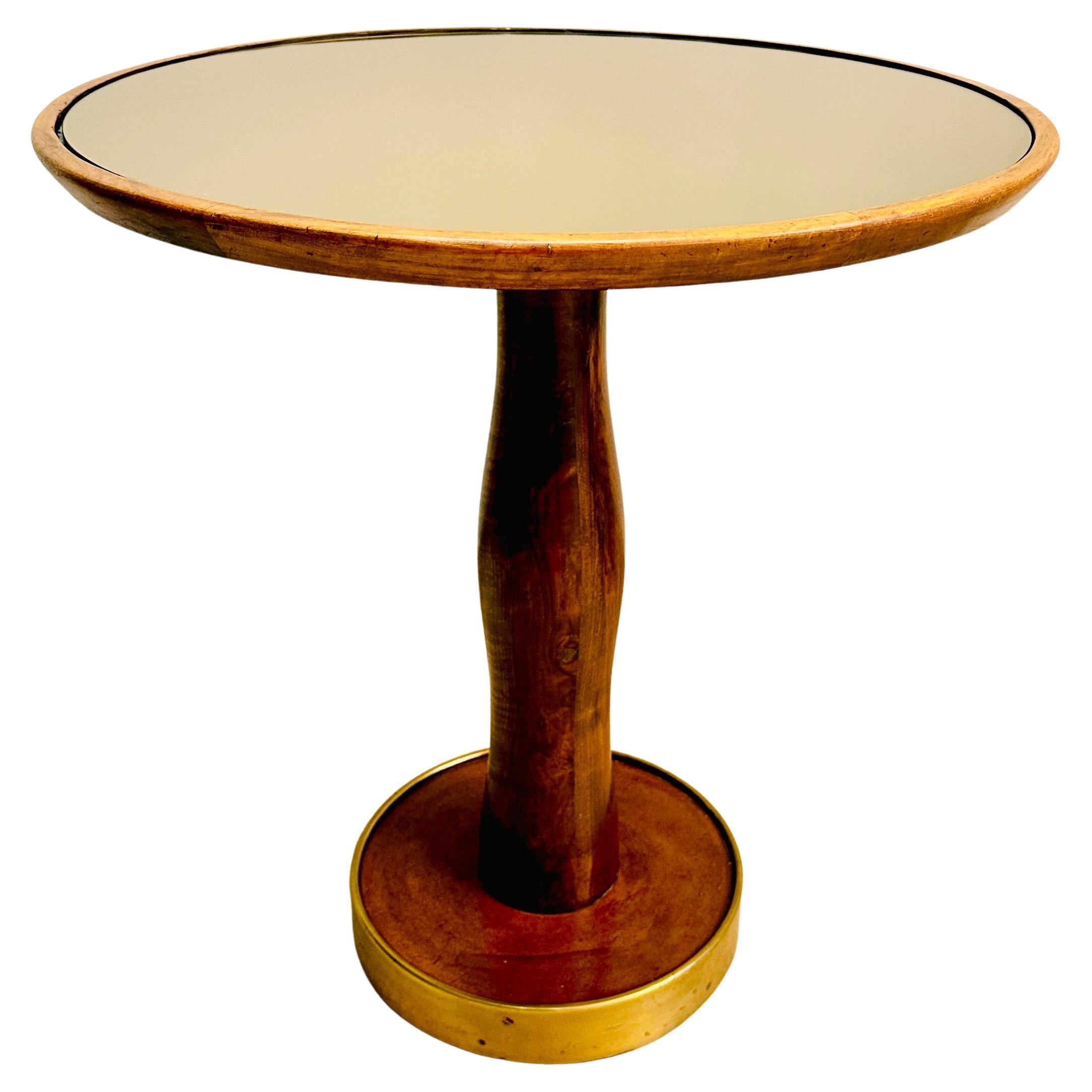 1940s Italian Circular Stained Walnut, Bronzed Glass & Brass Side End Table