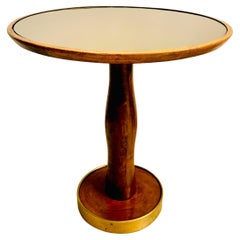 1940s Italian Circular Stained Walnut, Bronzed Glass 
Brass Side End Table