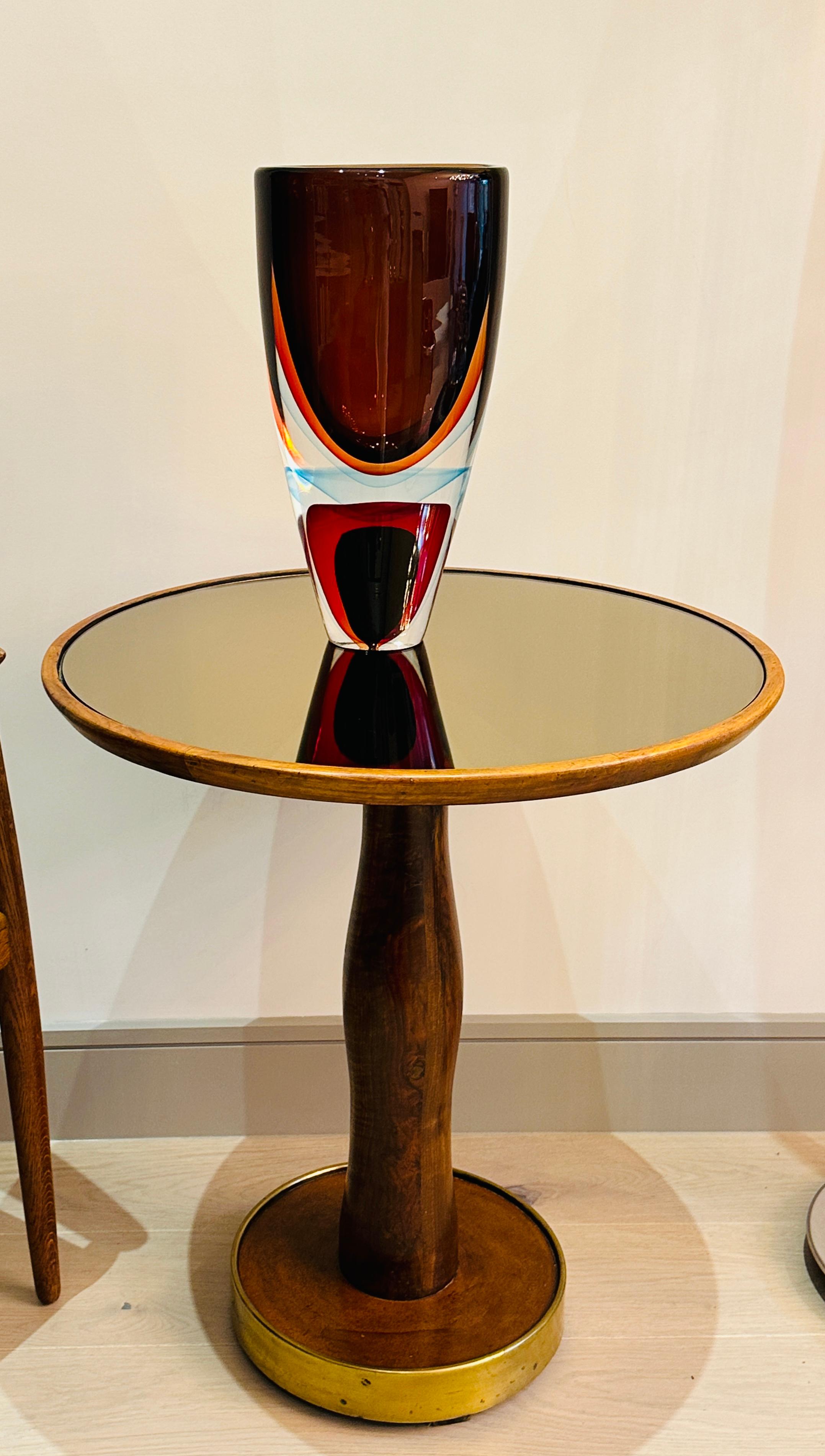 1940s Italian Circular Stained Walnut, Bronzed Glass & Brass Side End Table 9