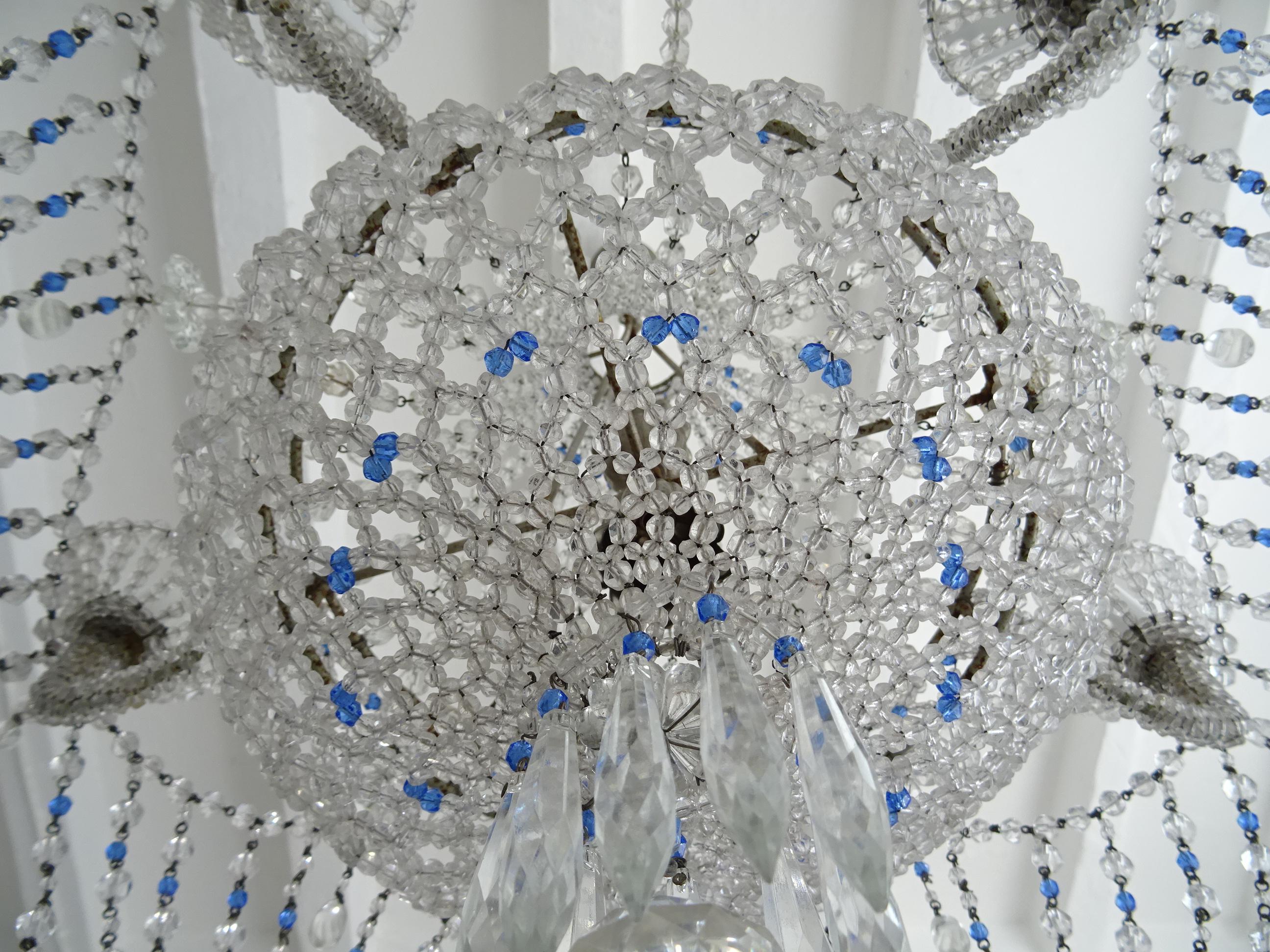 Empire 1940s Italian Completely Beaded Basket Cobalt Blue Accents Chandelier, C 1920 For Sale