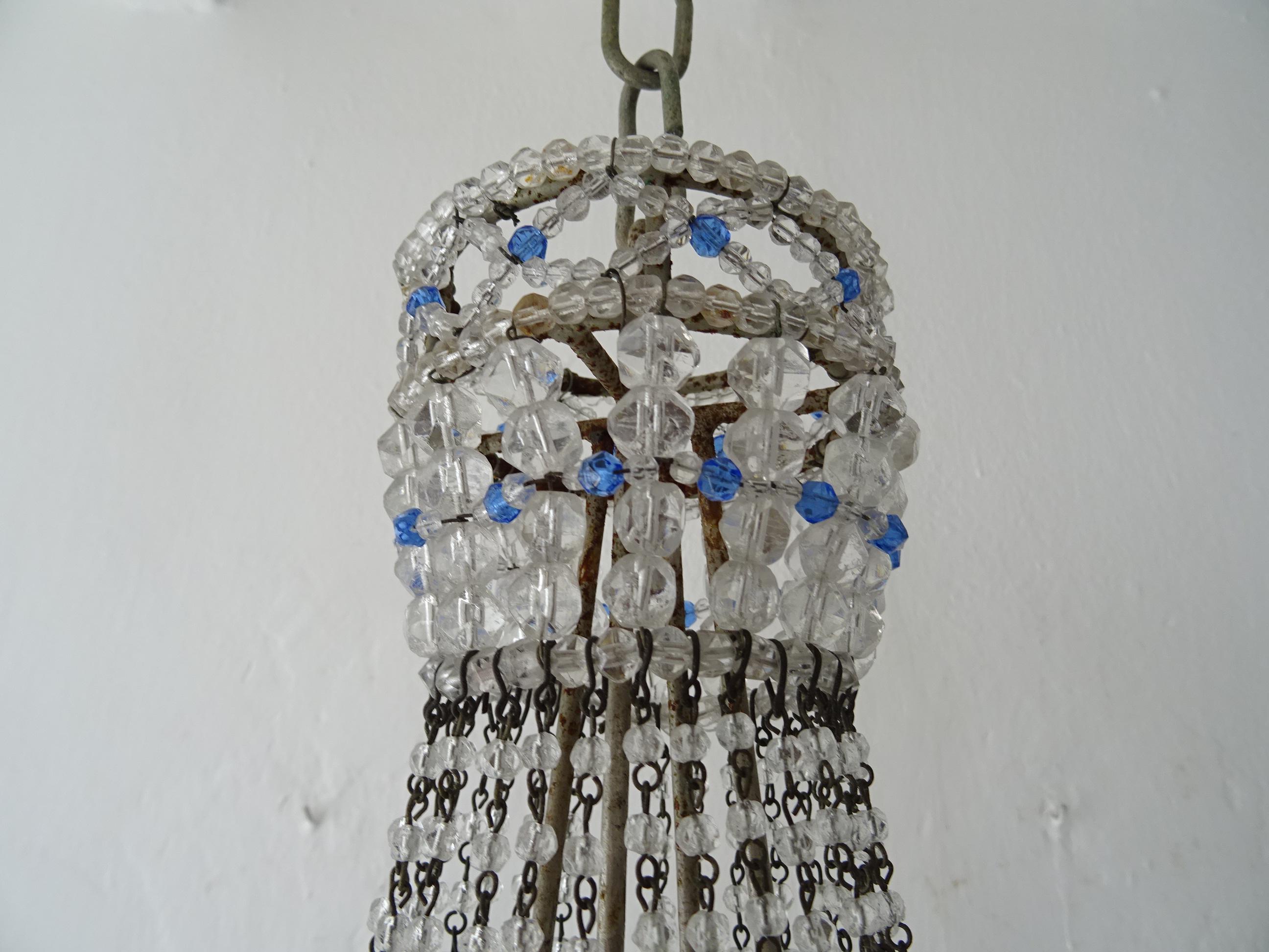 Mid-20th Century 1940s Italian Completely Beaded Basket Cobalt Blue Accents Chandelier, C 1920 For Sale