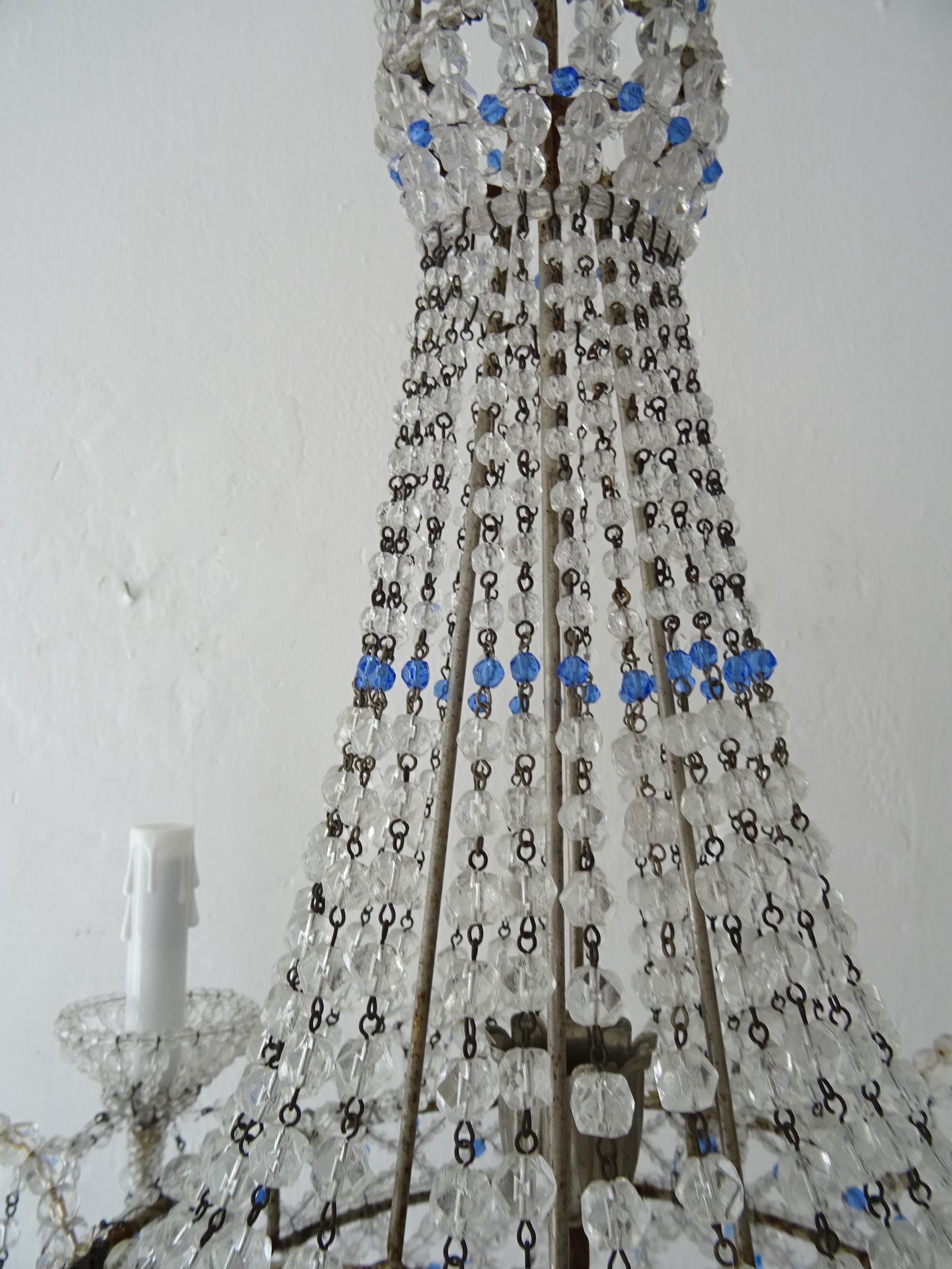 Crystal 1940s Italian Completely Beaded Basket Cobalt Blue Accents Chandelier, C 1920 For Sale
