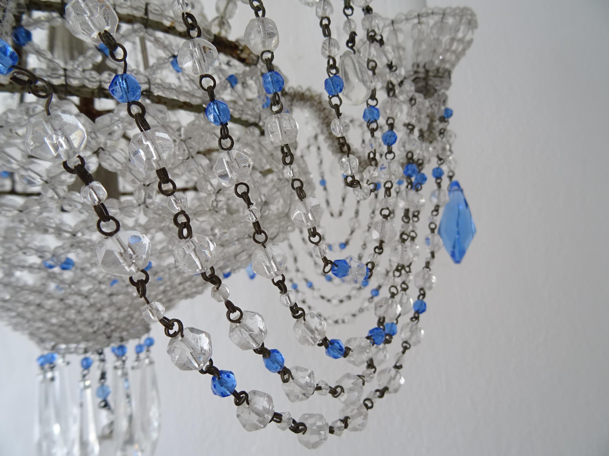 1940s Italian Completely Beaded Basket Cobalt Blue Accents Chandelier, C 1920 For Sale 2