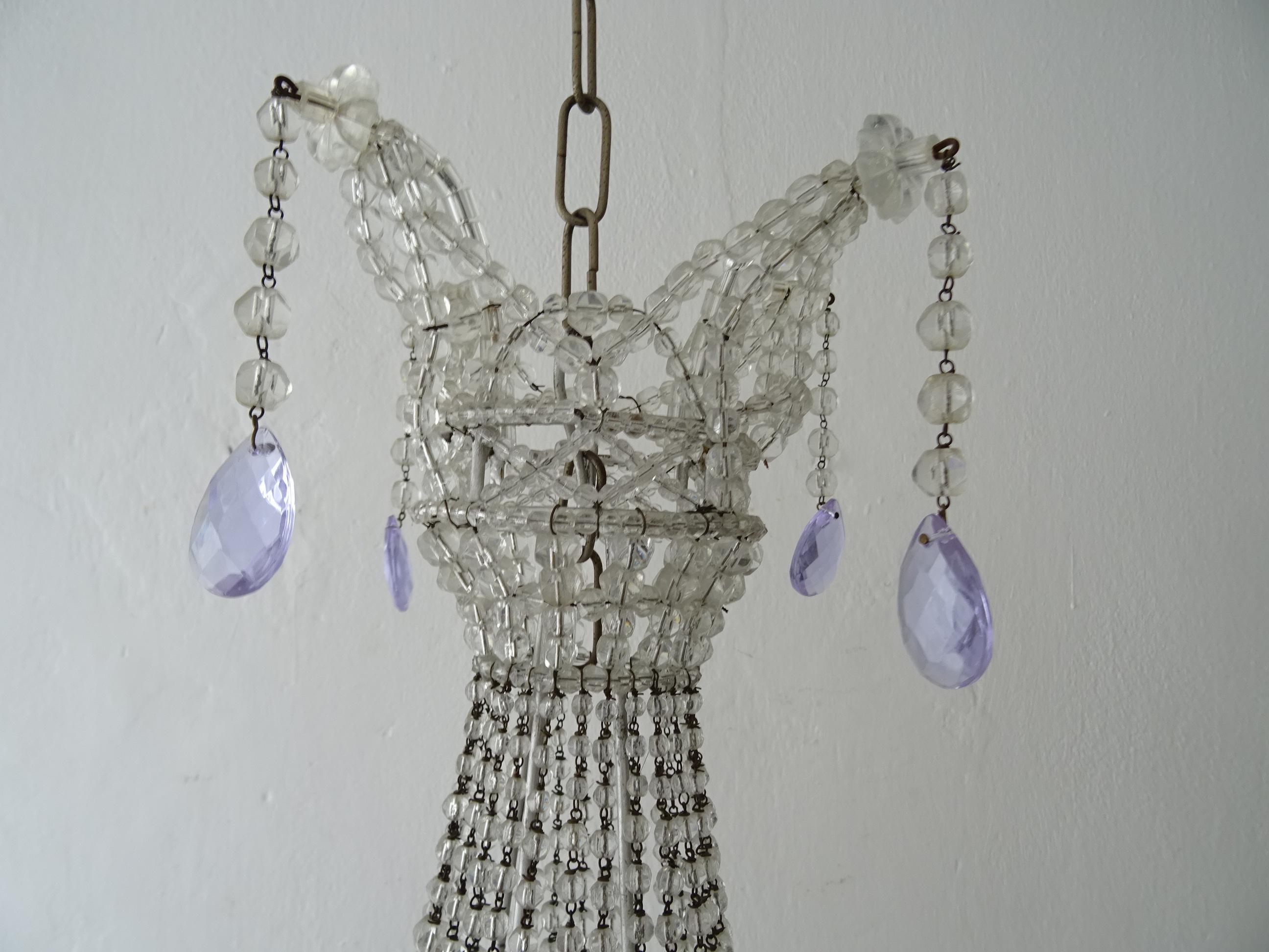 1940s Italian Completely Beaded Basket Lavender Purple Chandelier, circa 1920 In Good Condition For Sale In Firenze, Toscana