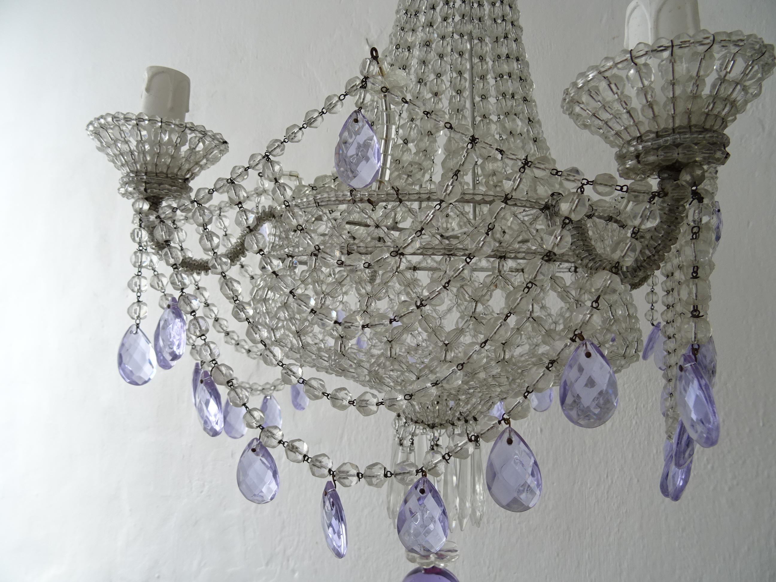Mid-20th Century 1940s Italian Completely Beaded Basket Lavender Purple Chandelier, circa 1920 For Sale