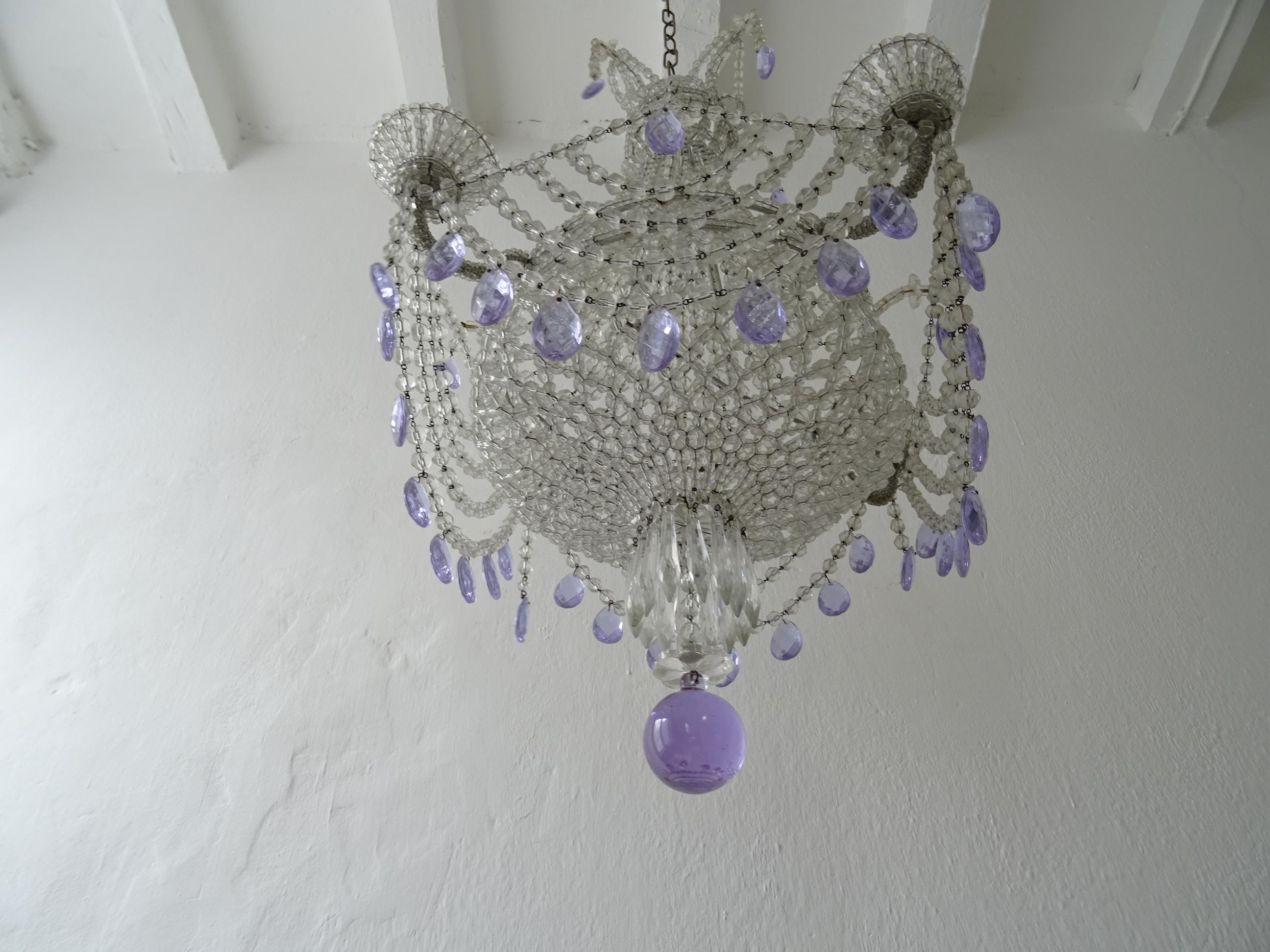 Crystal 1940s Italian Completely Beaded Basket Lavender Purple Chandelier, circa 1920 For Sale