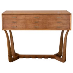 1940's Italian Console/Chest of Drawers Walnut and Maple Wood, Brass Details