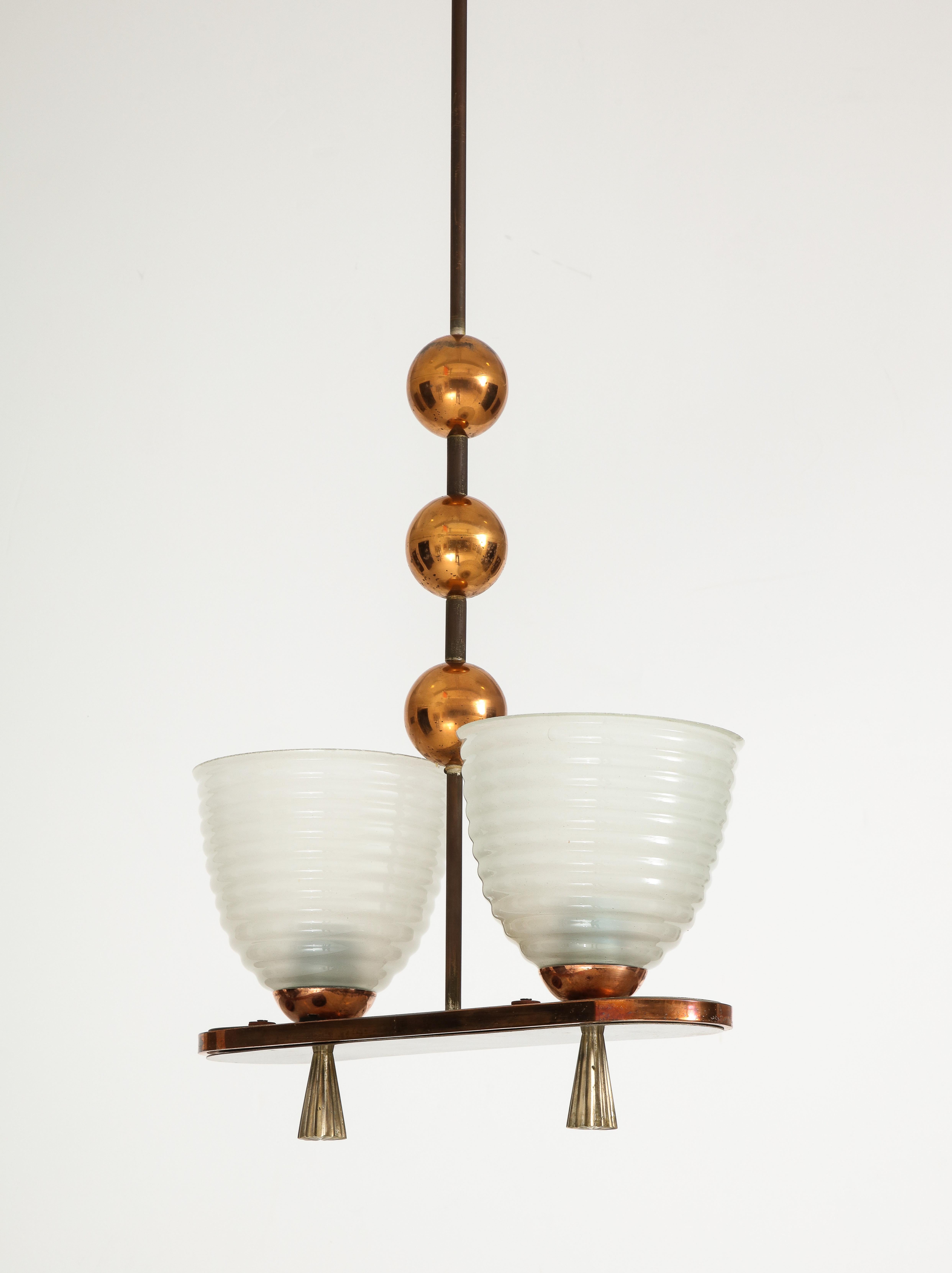 1940's Italian Copper And Brass Chandelier With Glass Shades For Sale 6