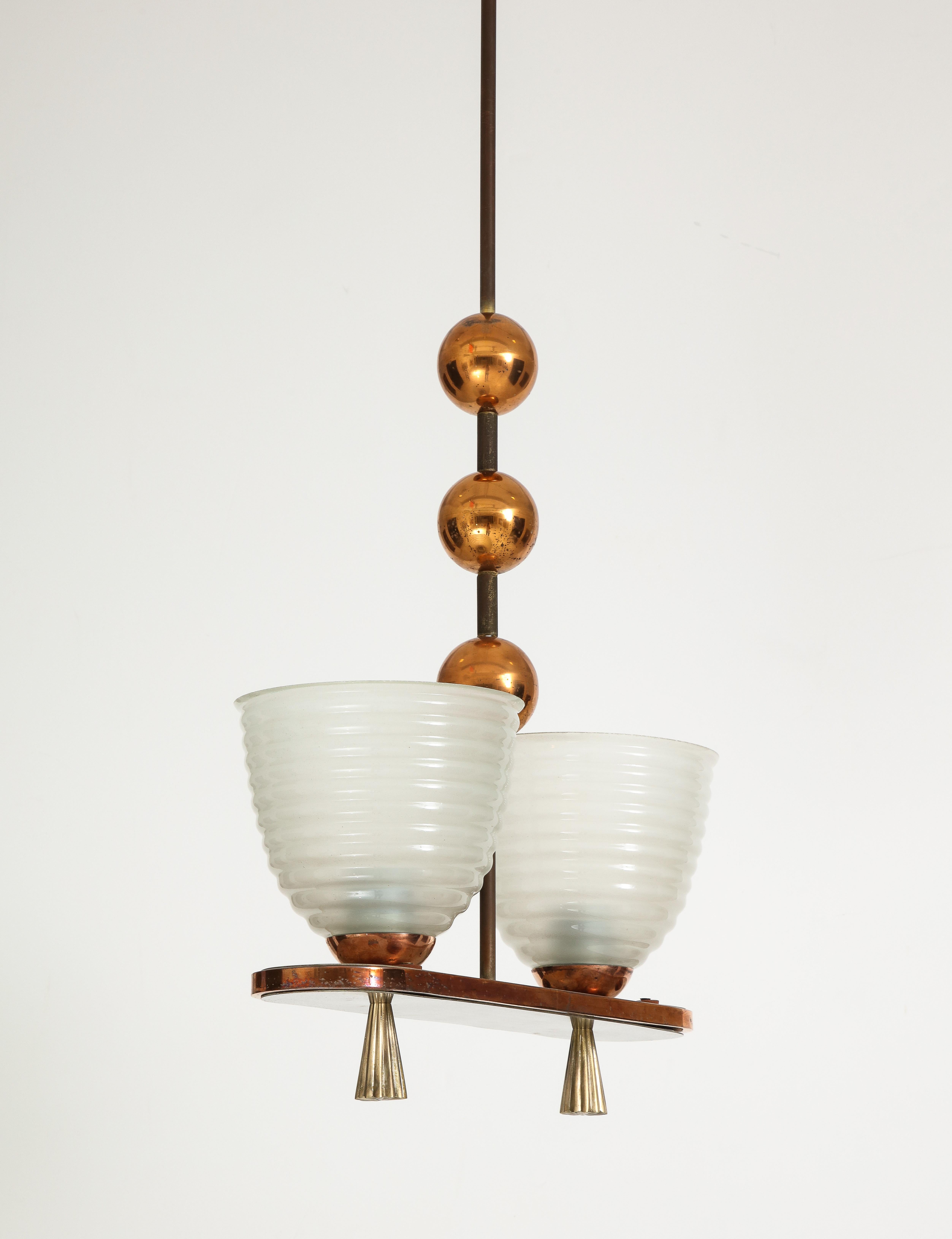 1940's Italian Copper And Brass Chandelier With Glass Shades For Sale 7