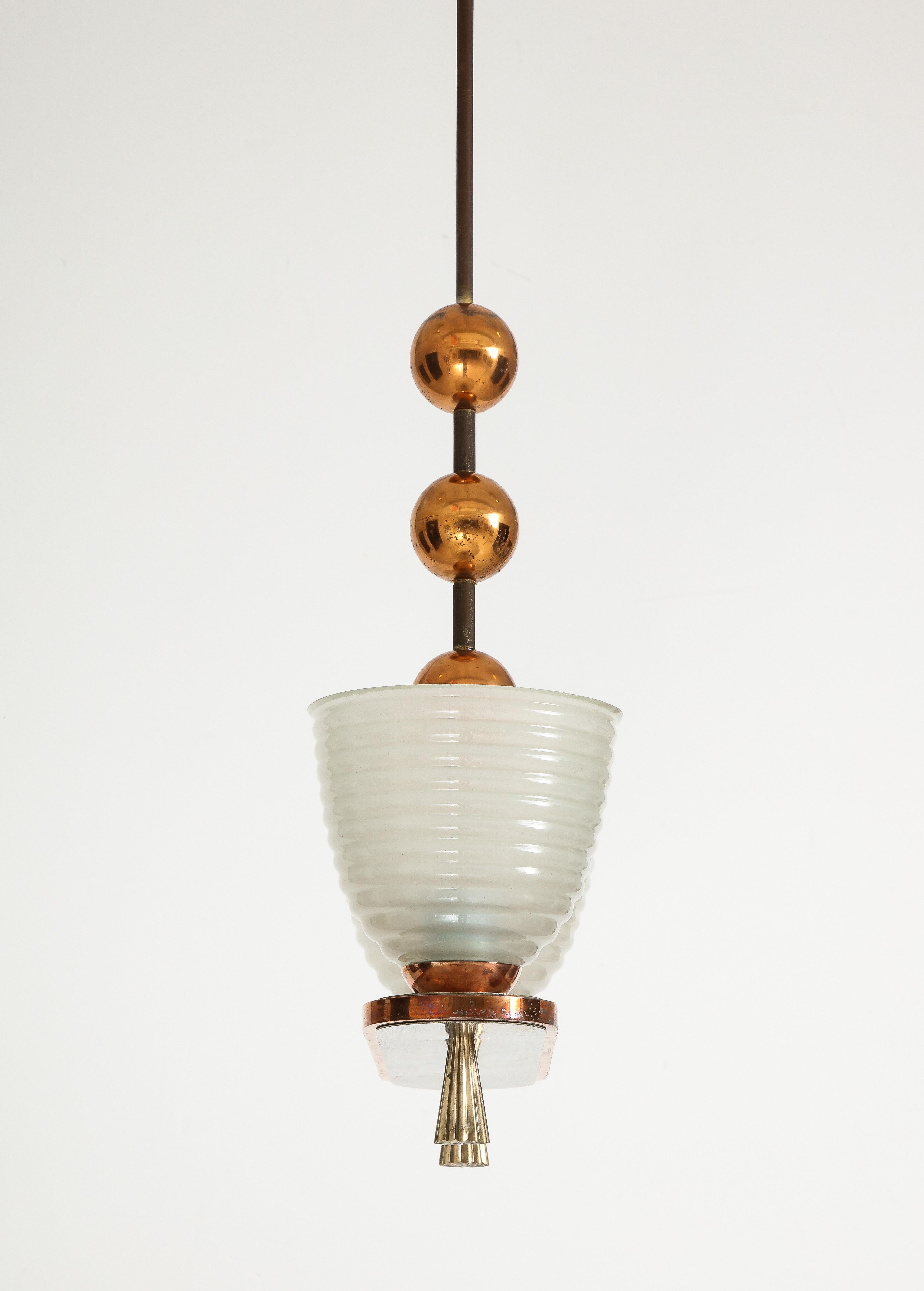 1940's Italian Copper And Brass Chandelier With Glass Shades For Sale 9