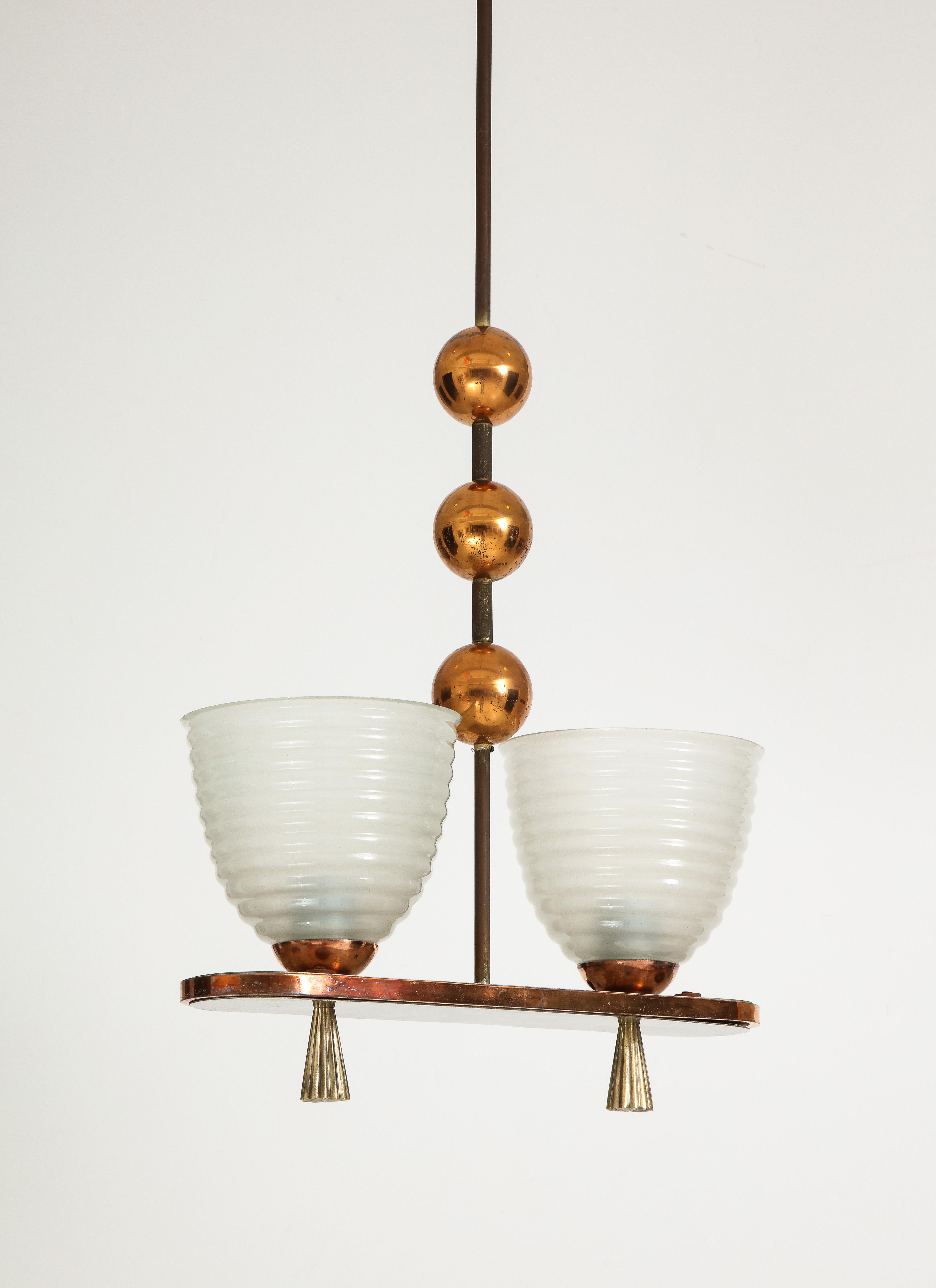 Art Deco 1940's Italian Copper And Brass Chandelier With Glass Shades For Sale
