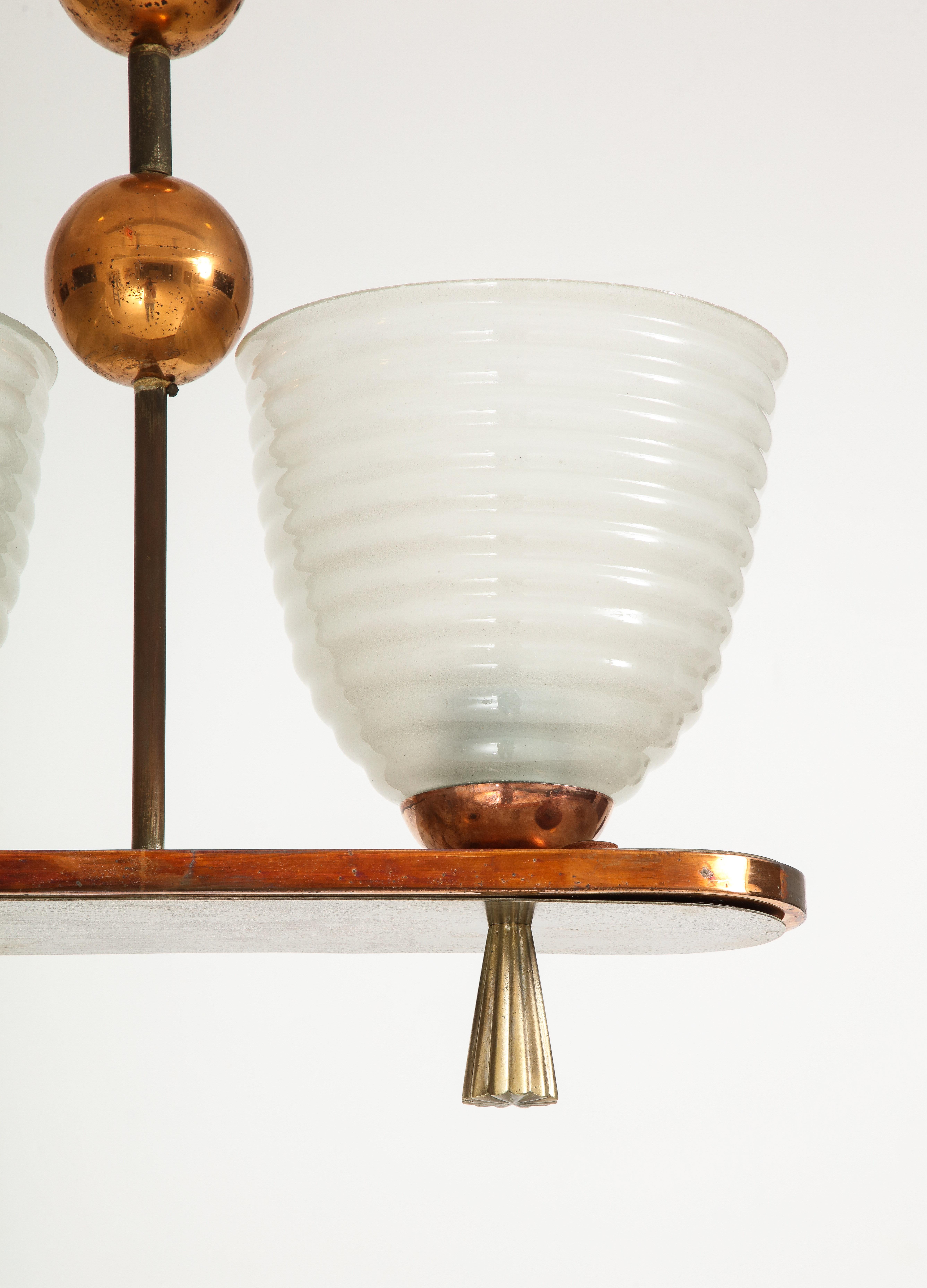 1940's Italian Copper And Brass Chandelier With Glass Shades In Good Condition For Sale In New York, NY