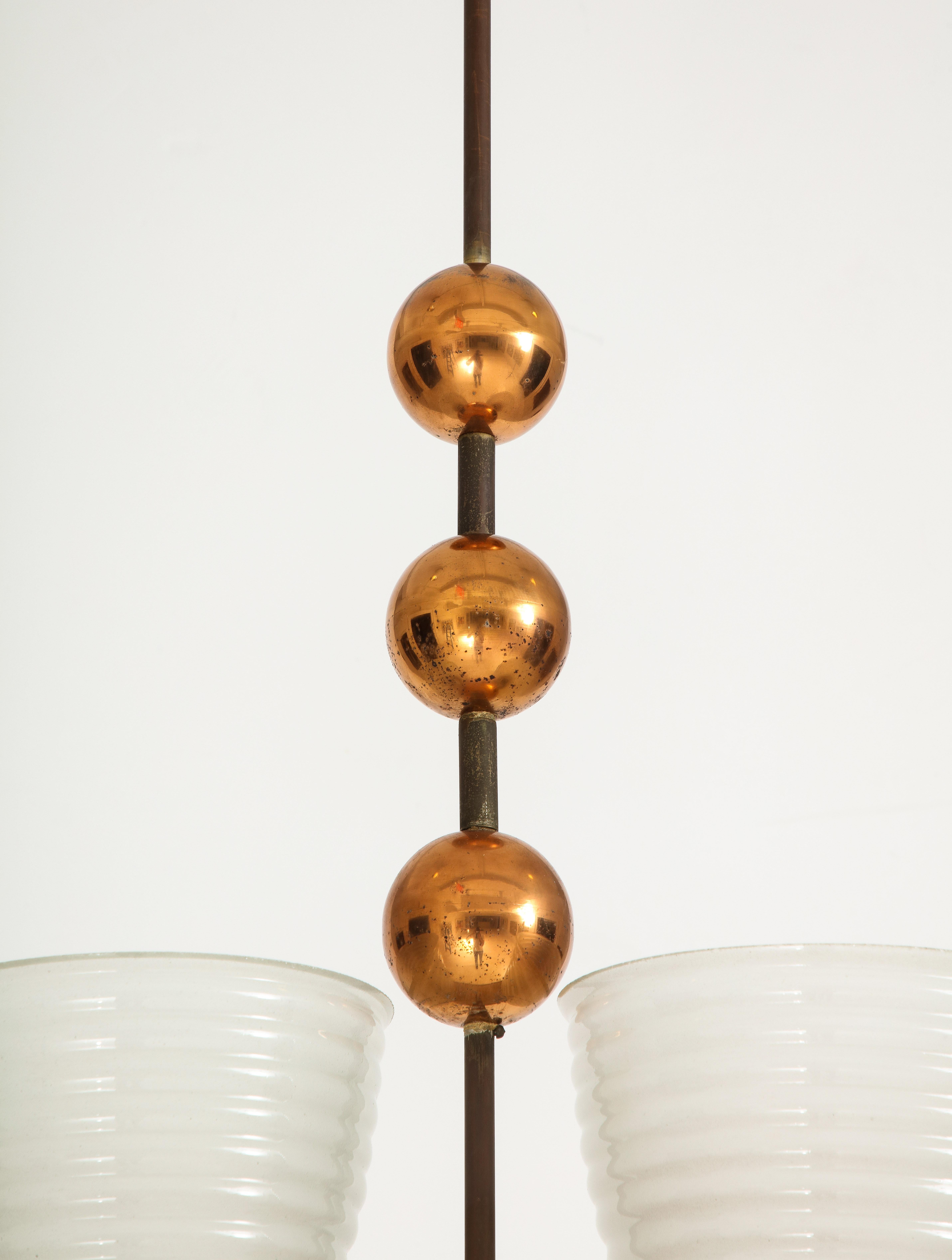 1940's Italian Copper And Brass Chandelier With Glass Shades For Sale 2