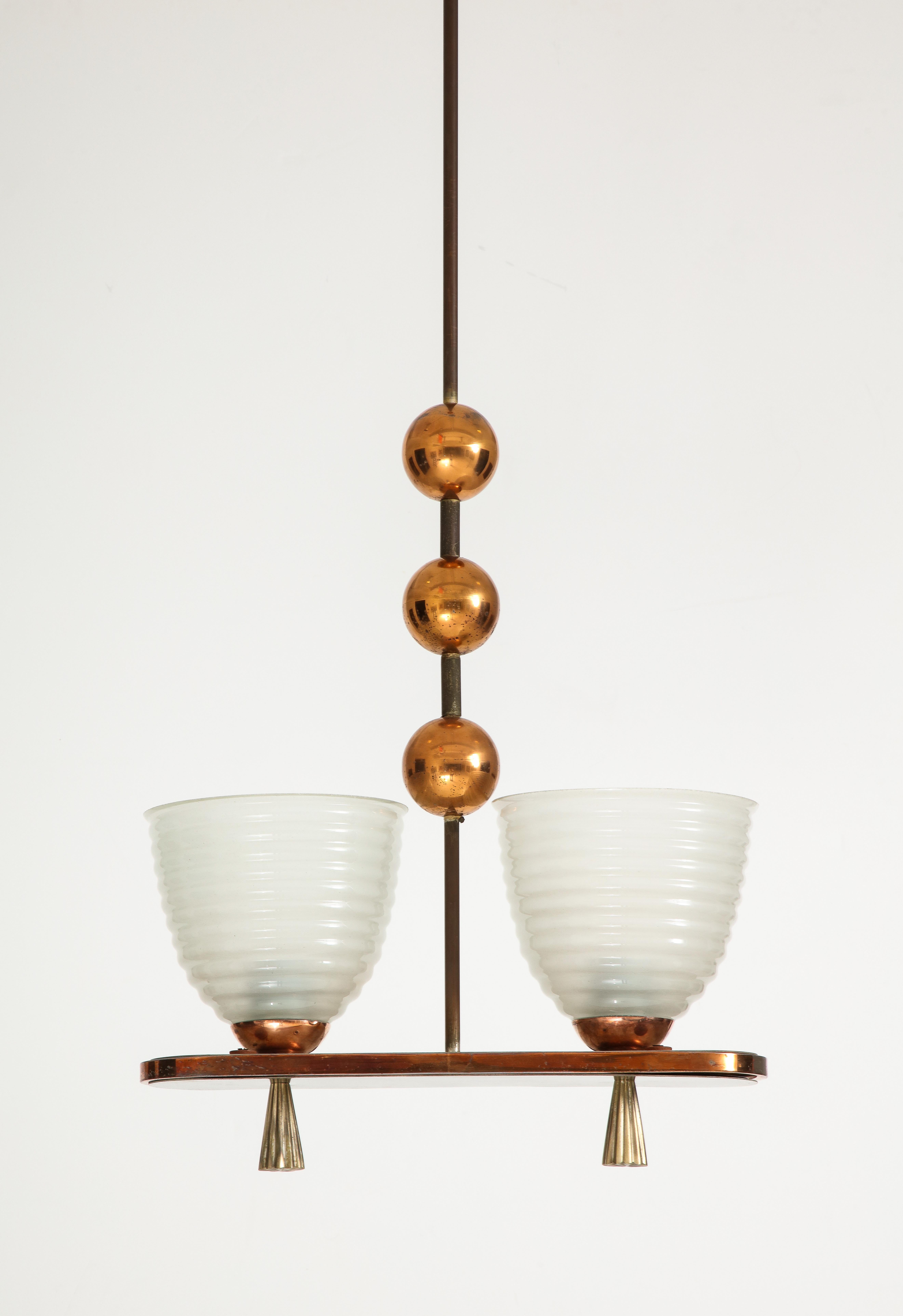1940's Italian Copper And Brass Chandelier With Glass Shades For Sale 3