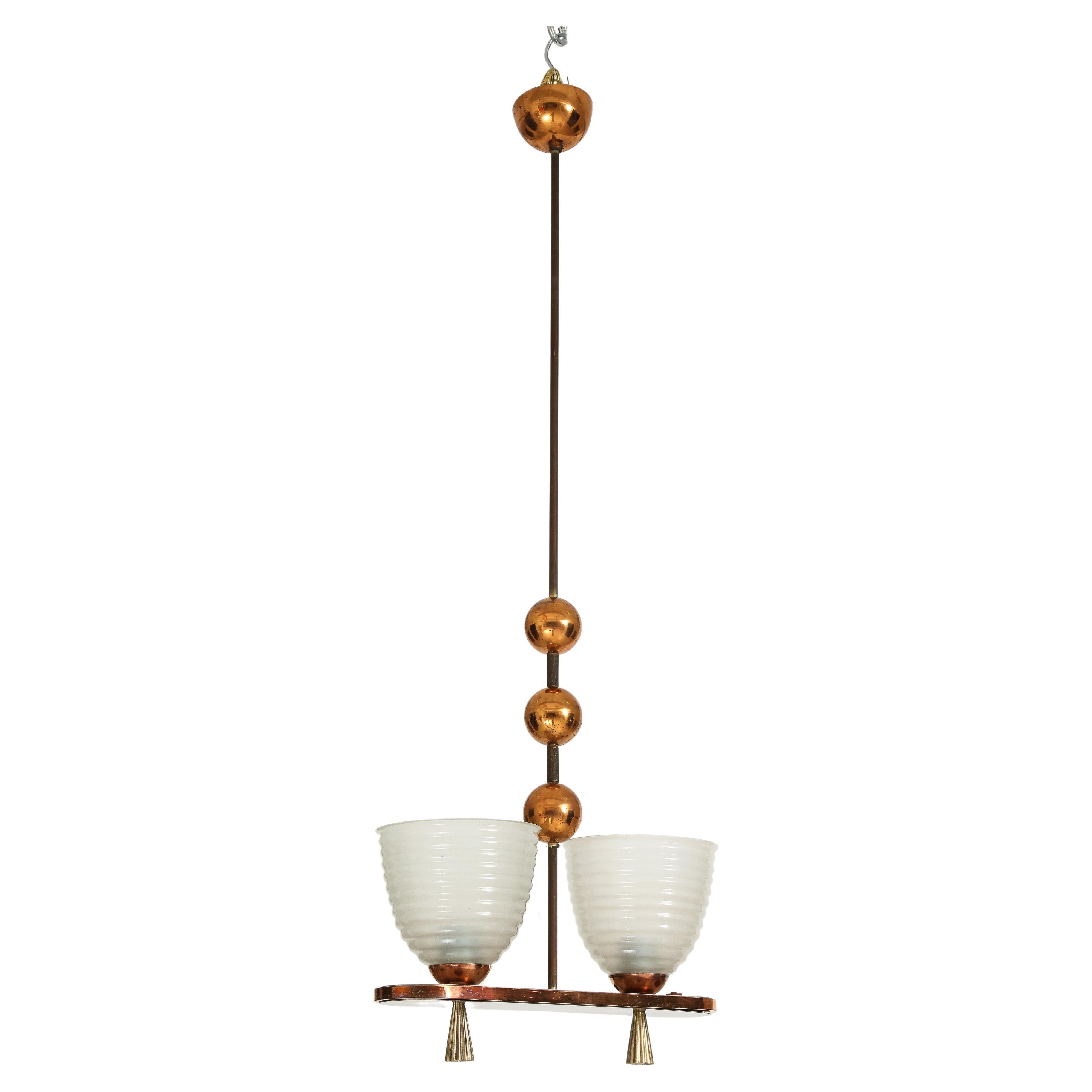 1940's Italian Copper And Brass Chandelier With Glass Shades For Sale