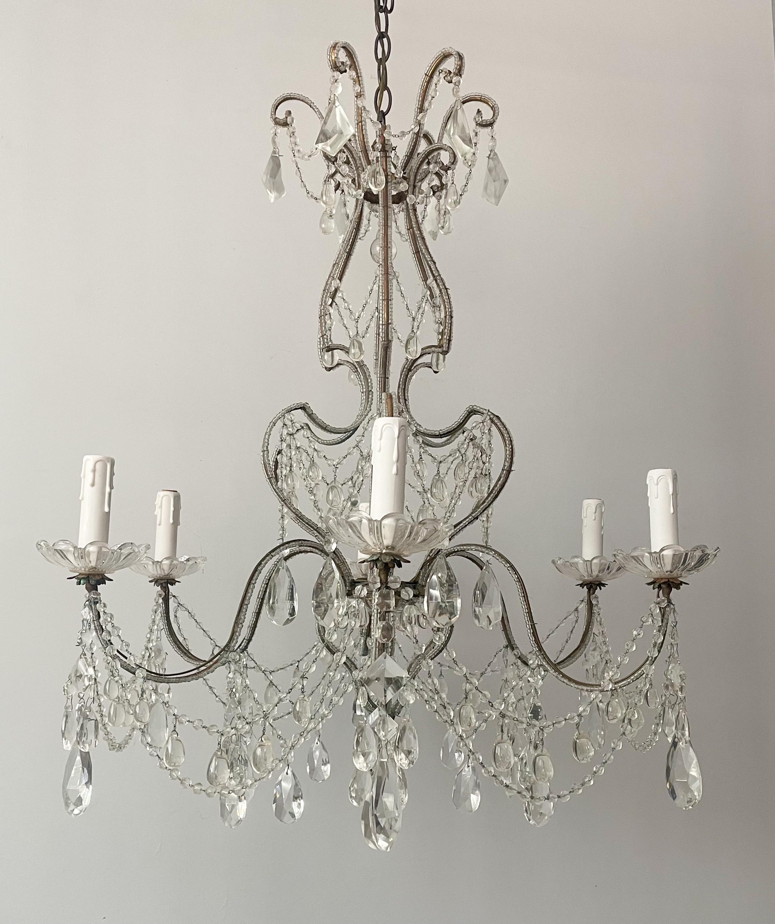 Louis XVI 1940s Italian Crystal Beaded Chandelier  For Sale