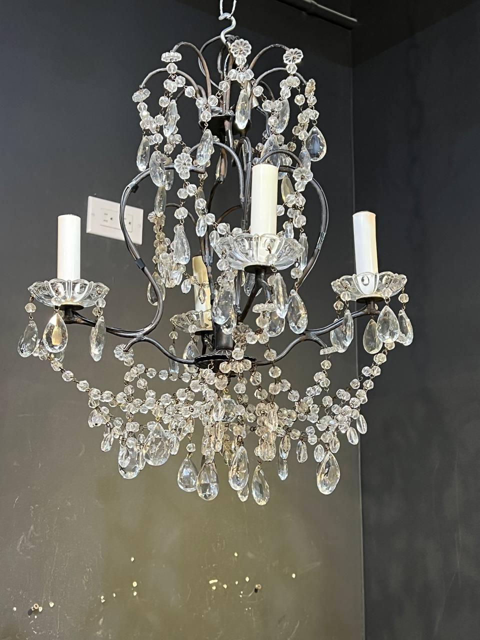 A circa 1940's Italian small crystal chandelier with dark patinated finish 